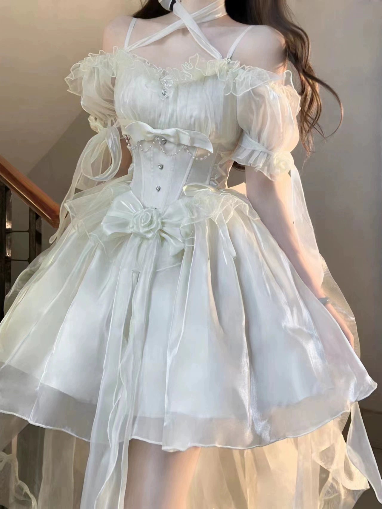 Meowing and fruity - Elegant Lolita Gorgeous Trailing With Large Hem & Shoulder Strap Ivory - Shoulder Straps/Pair (without halterneck tie) One Size