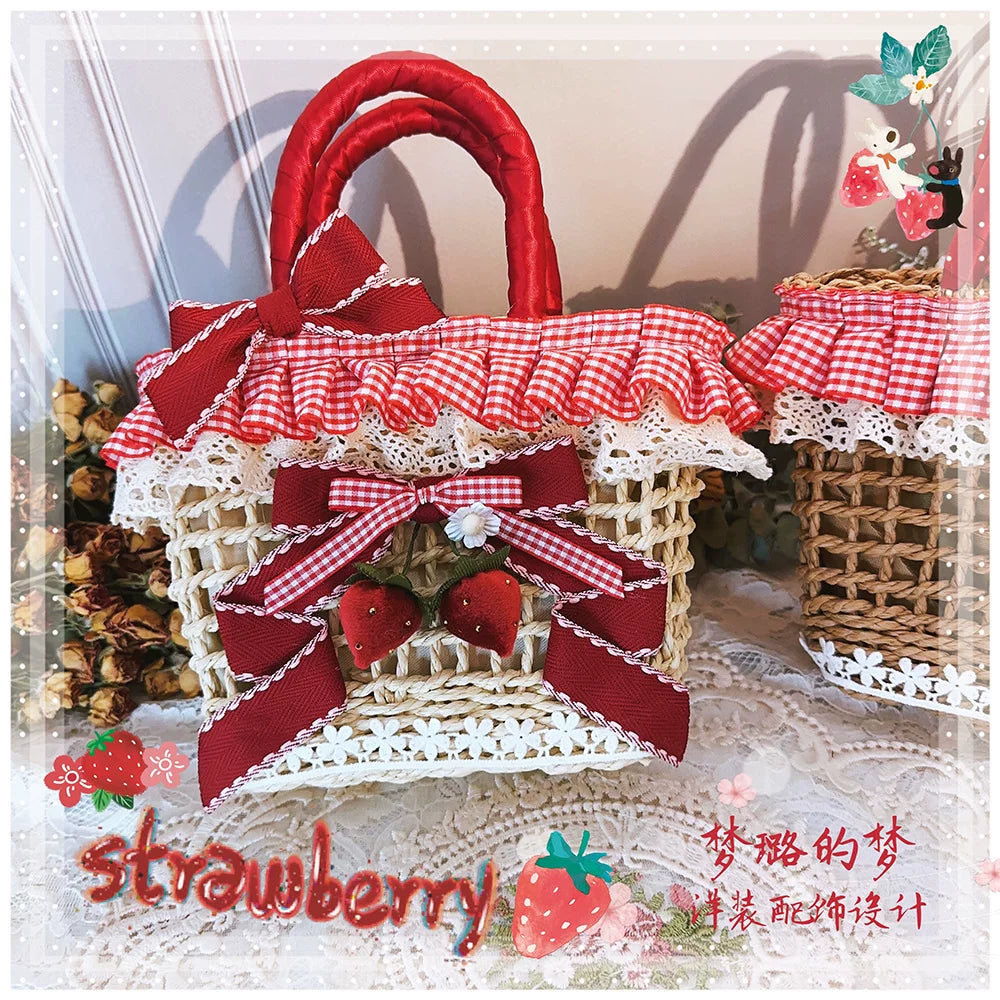Country Lolita Straw-woven Bag, Strawberry Accent