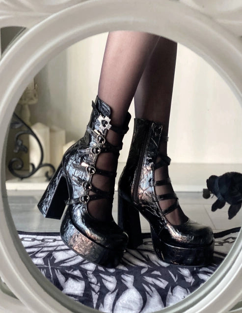 (Buyforme) Pure Tea For Dream~Cross Buckle Punk Lolita Shoes 34 crack black (pre-order 4-5 months before shipping) (34 35 36 37 38 39 40) 6870:562912