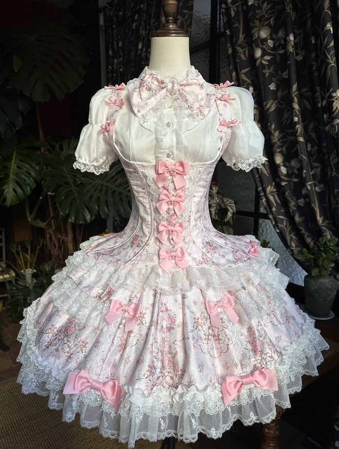 Mengfuzi - FLower in the Mirror - Old-School Lolita Bodice & SK Set, Short-Sleeved OP (Pink White / 2XL L M S XL) 44280:802277