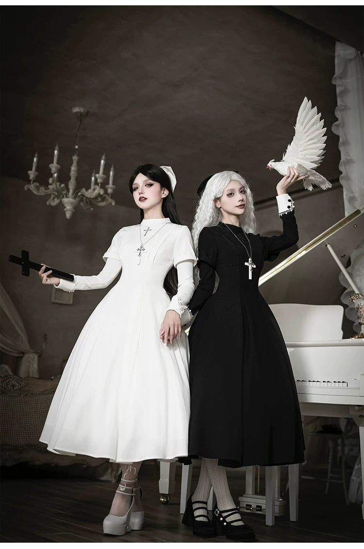 Nihil - Gothic Nun Lolita OP Dress, Irregular Hem Cape