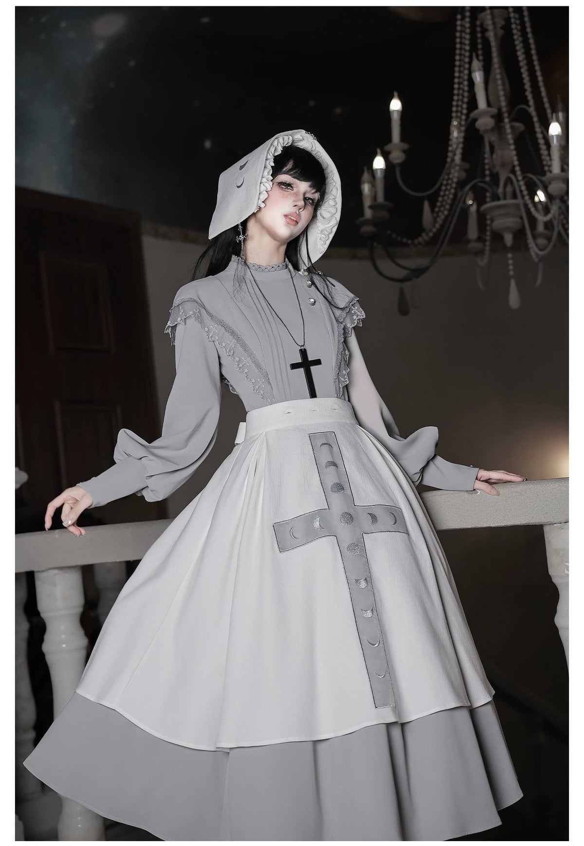 Moon Phase - Gothic Lolita OP Dress Set, Detachable Cross-Shaped Apron 46035:873397