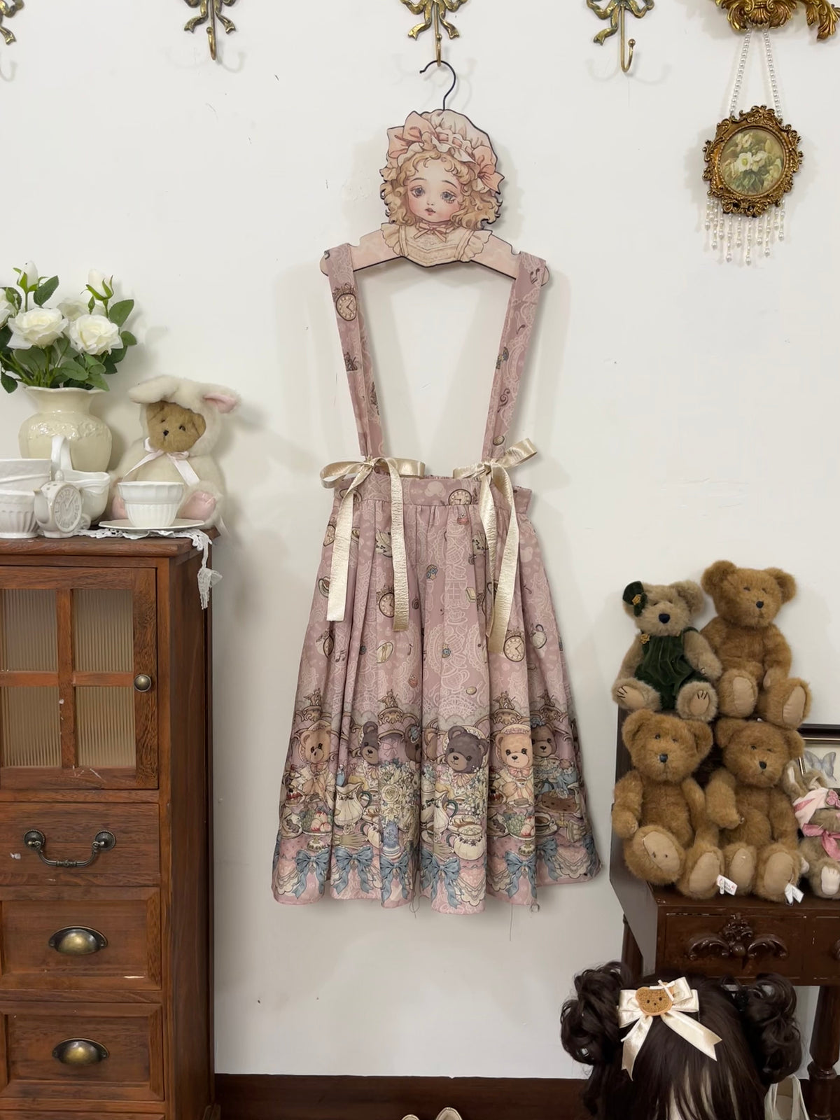 Bear's Tea Party - Kawaii Vintage Lolita Suspender Skirt, Bear Print (L M S) 46007:871886