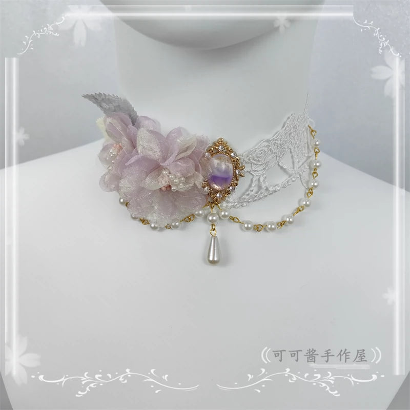 Cocoa Jam - Elegant Lolita Necklace Rose Gemstones and Pearl Necklace white purple
