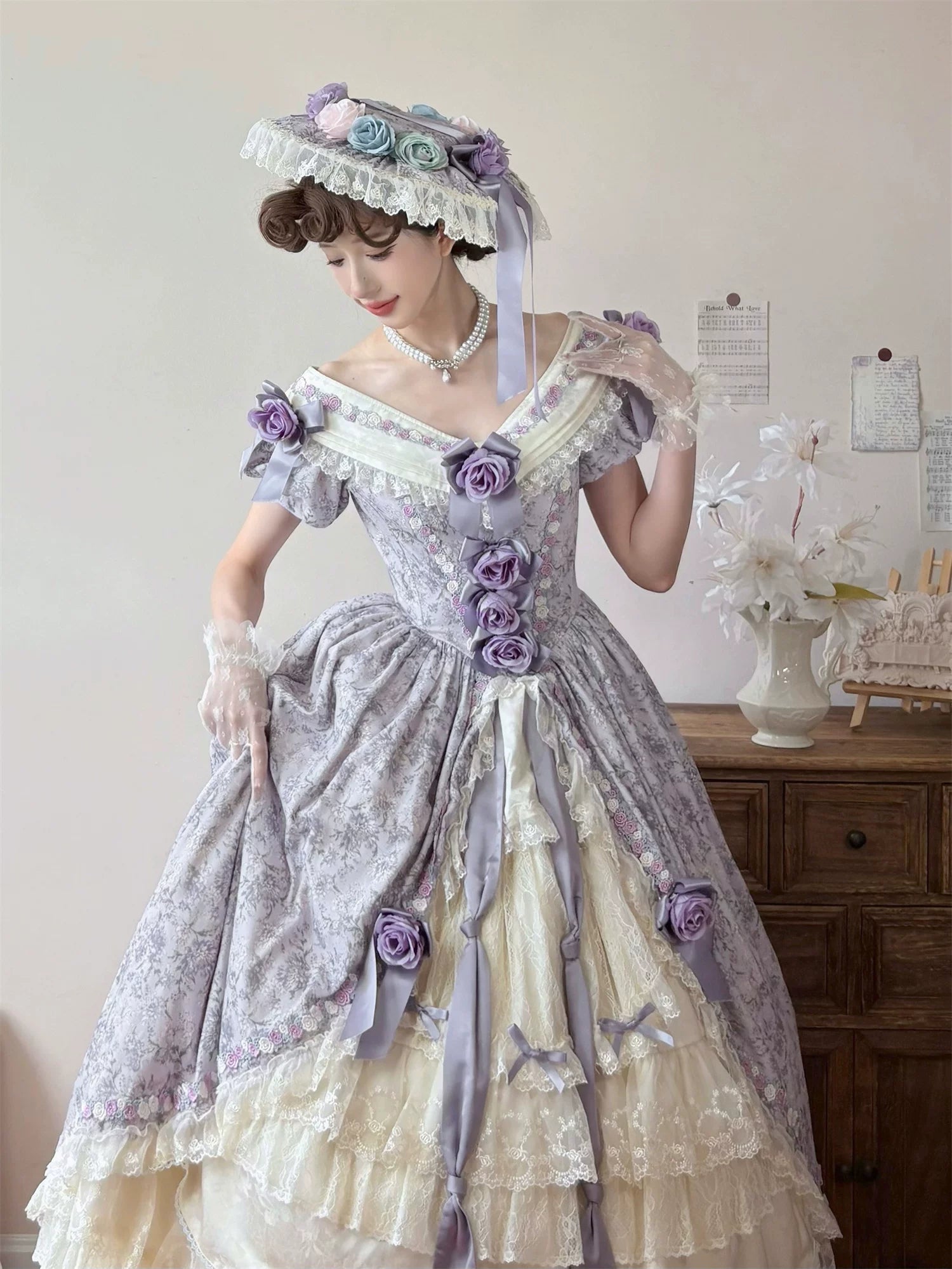 Dolota Flower Wall - Classic Lolita Floral OP Dress, Open Shoulder 44485:811198