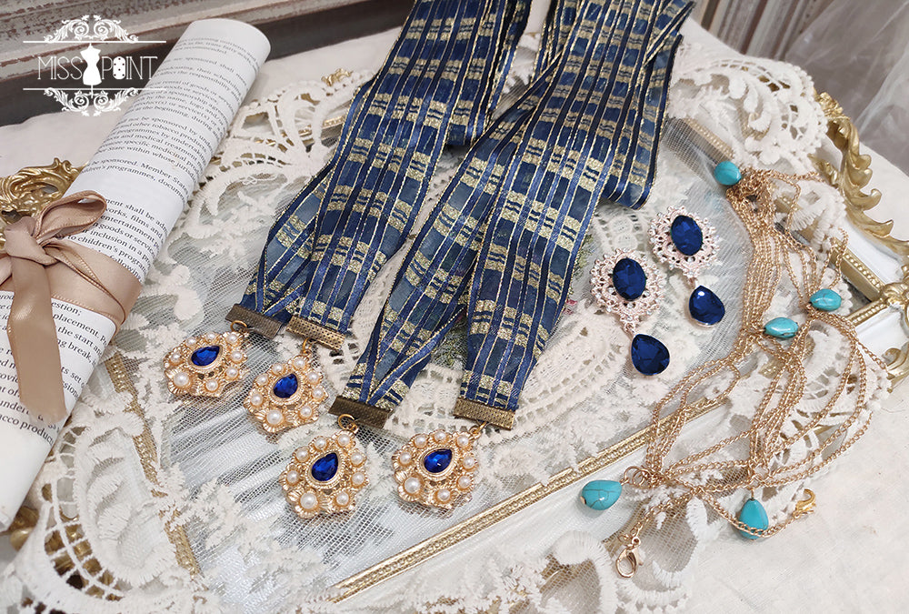 Miss Point~Dusk Bester~Egyptian Lolita Brooch Waistband Shawl a pair of decorative ribbons on both sides of SK (navy blue color) 17026:232444