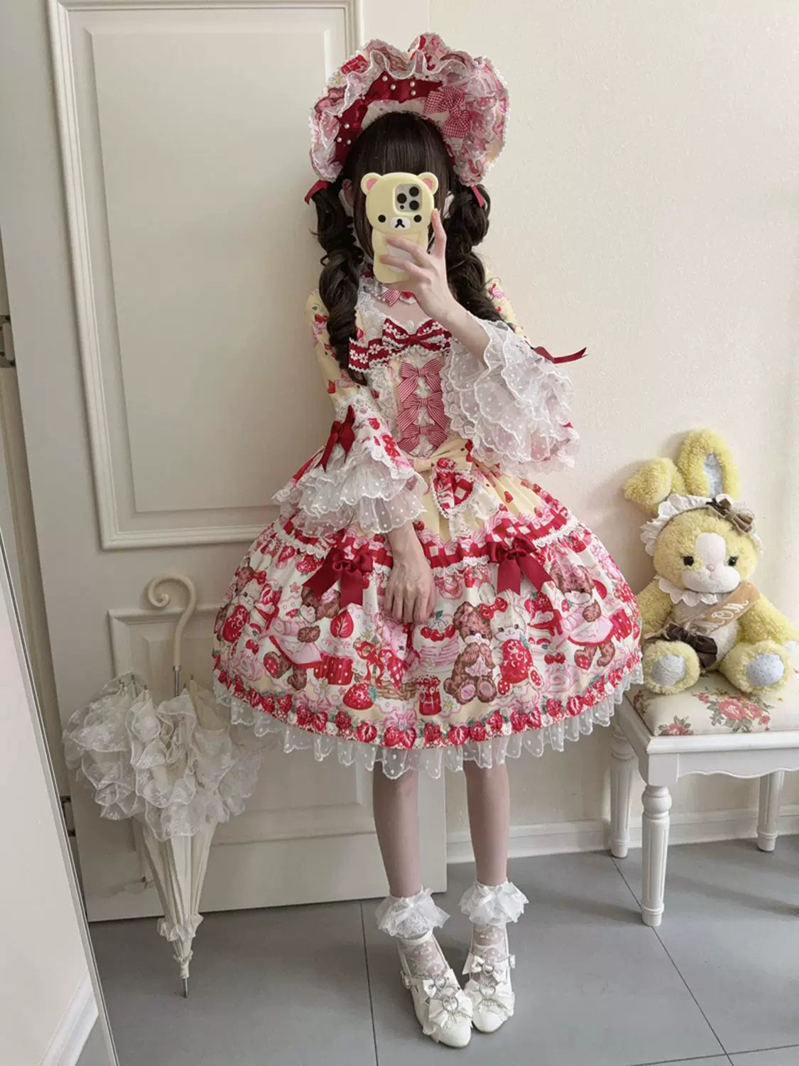 SweetBerry Bunny Bear - Sweet Lolita Hime Sleeve OP Dress, Strawberry and Bear Print