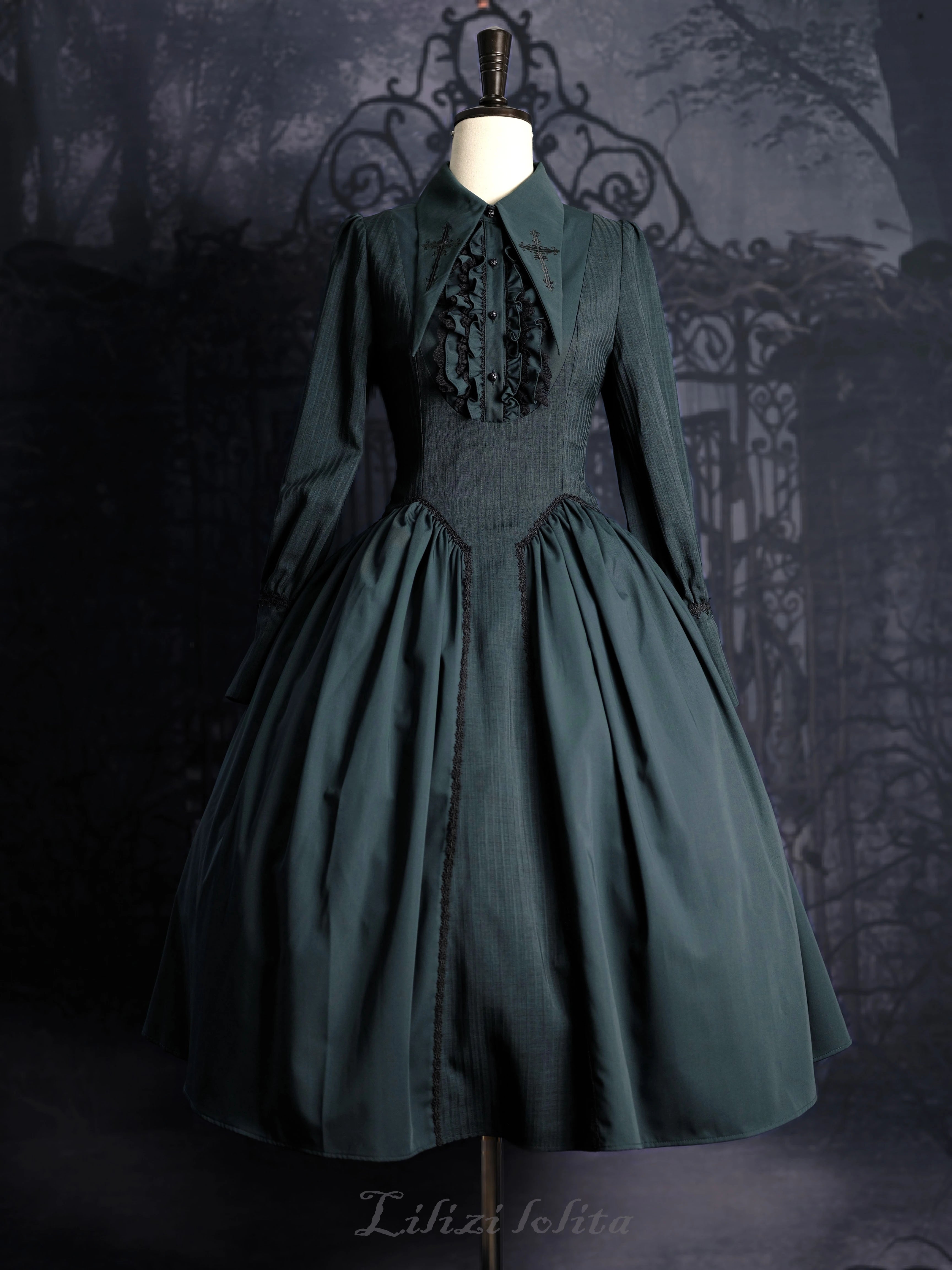 Lilizi~Redemption Song~Gothic Lolita OP Dress Cross Embroidery Tiered Hem 37626:564404