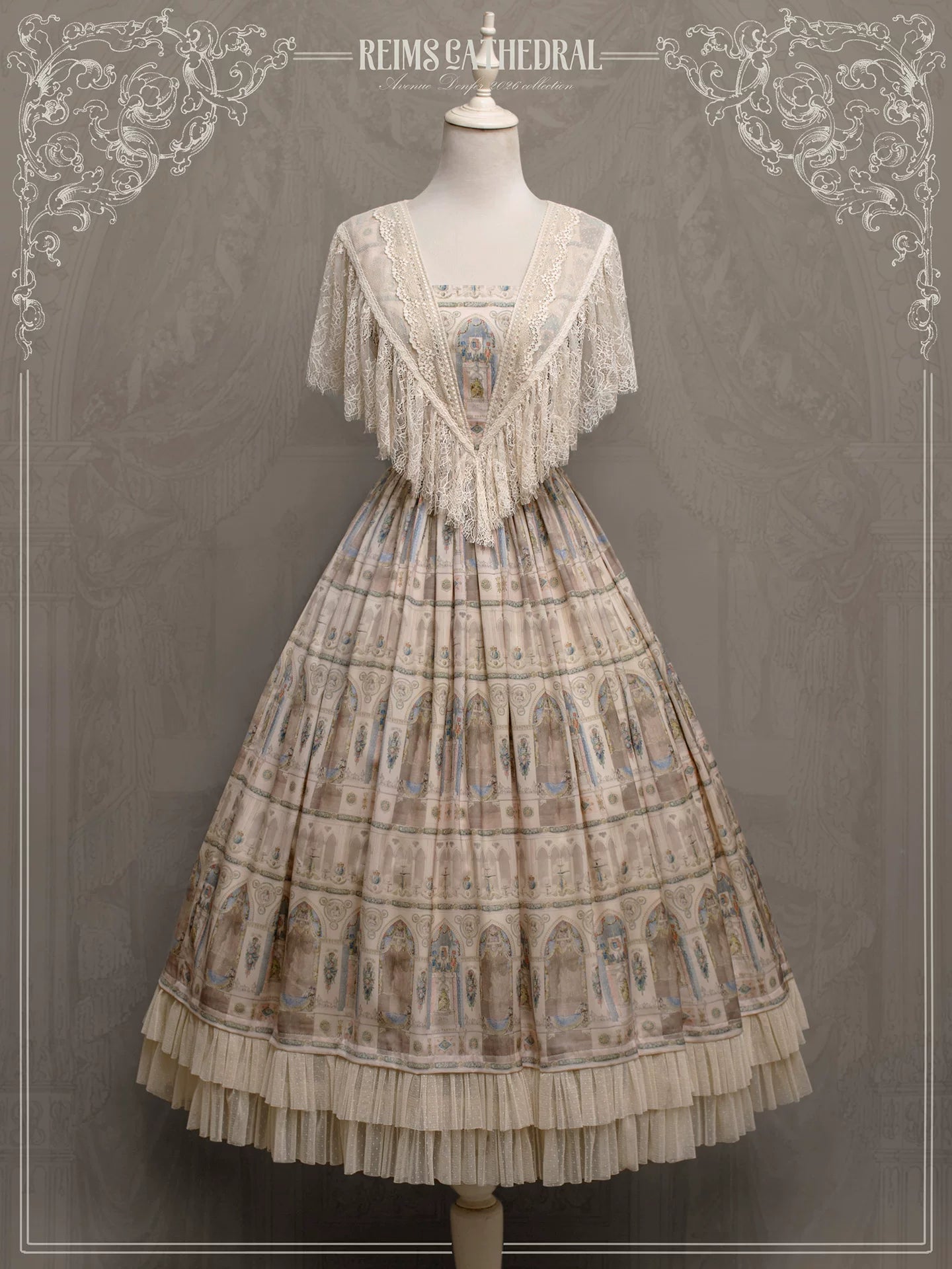 Reims Cathedral - Printed Classic Lolita Dress, Detachable Gauze Outlayer 44701:819199