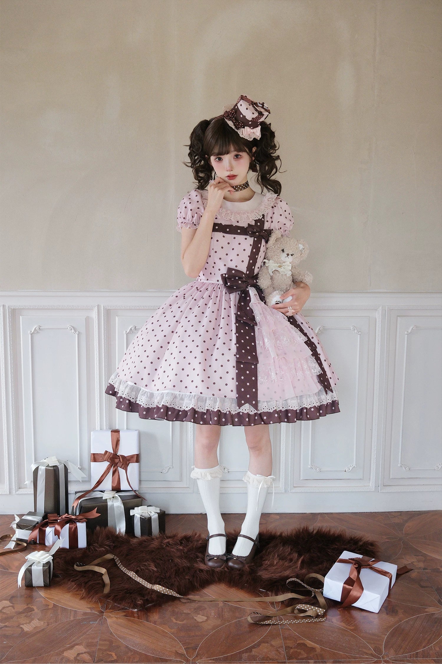 Coralie Box - Old School Lolita Polka Dot OP Dress, Cotton Round Collar 45520:851980