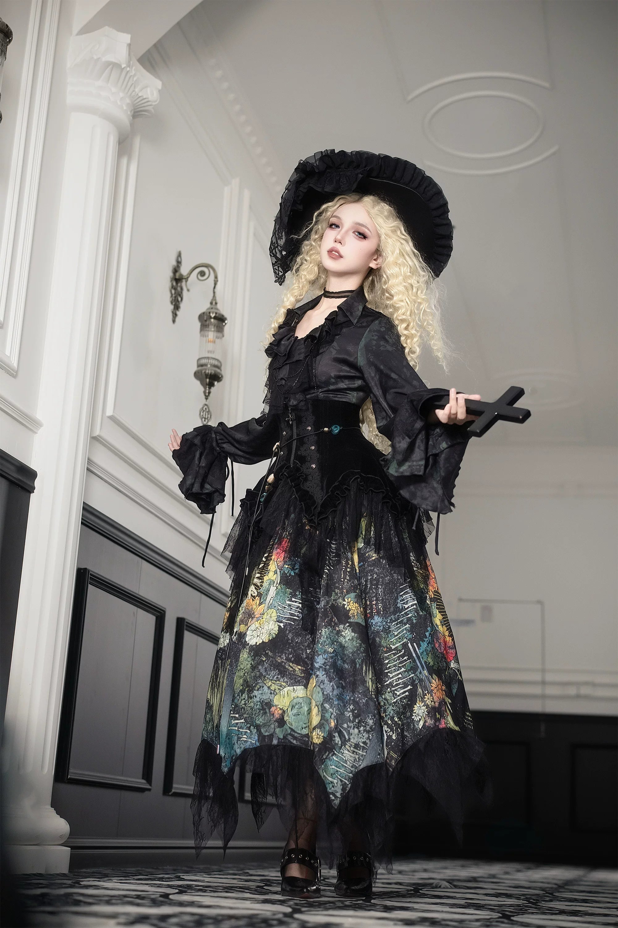 Bone Garden - Printed Gothic Lolita Skirt, Boning Corset