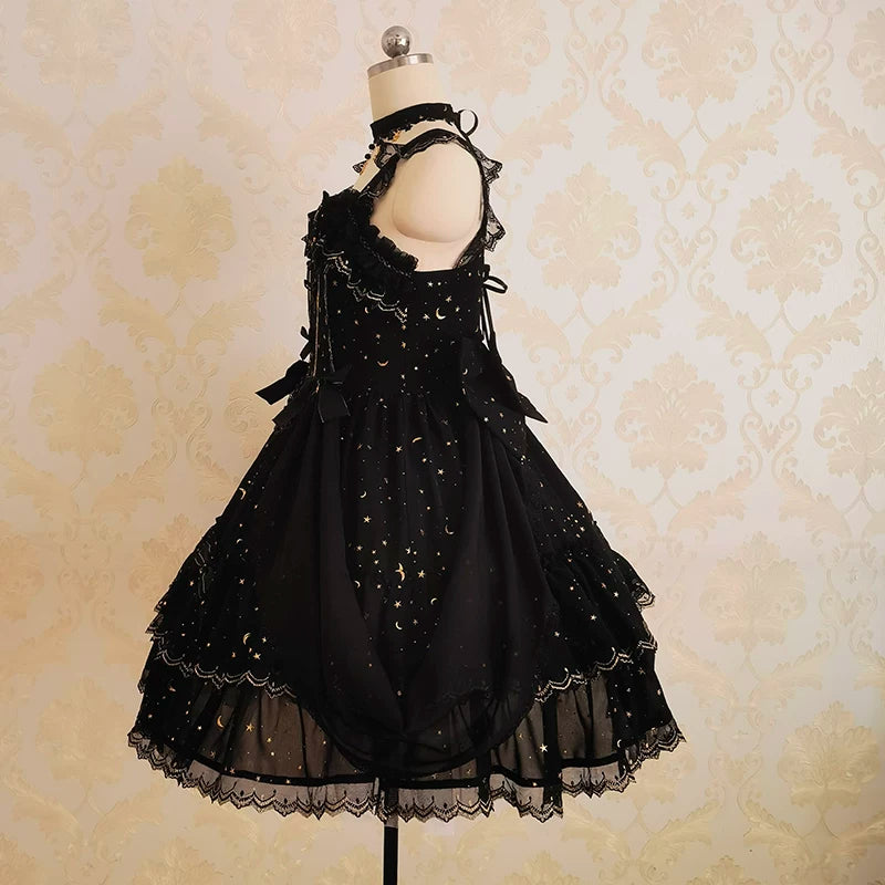 Starlight Nocturne - Black Cotton Lining Classic Lolita JSK, Star & Moon Gold Stamping 45743:860760