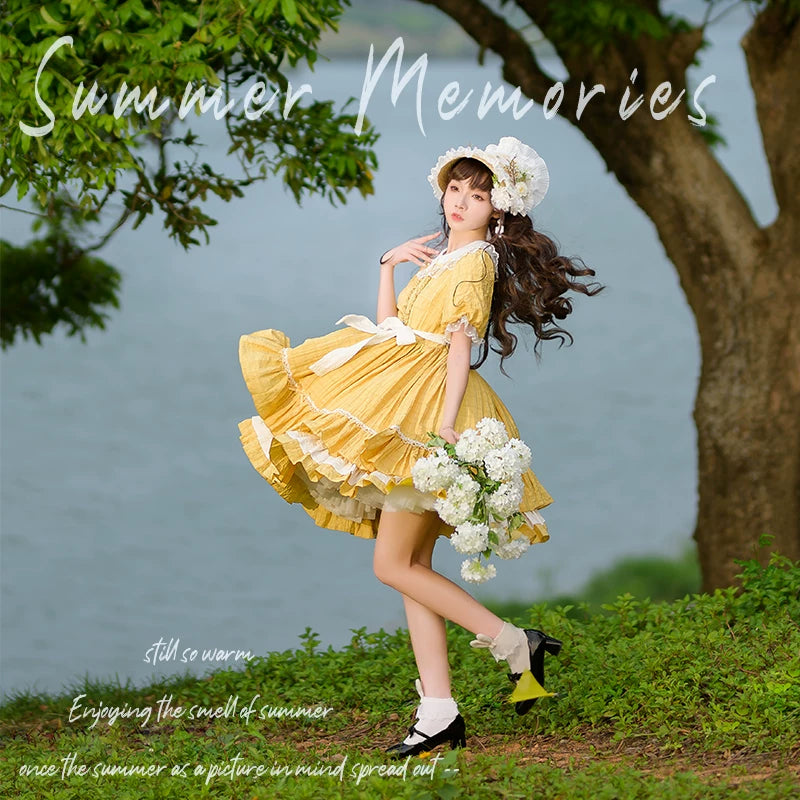 Afternoon Tea - Classic Lolita OP Dress, Lace Peter Pan Collar Yellow XS