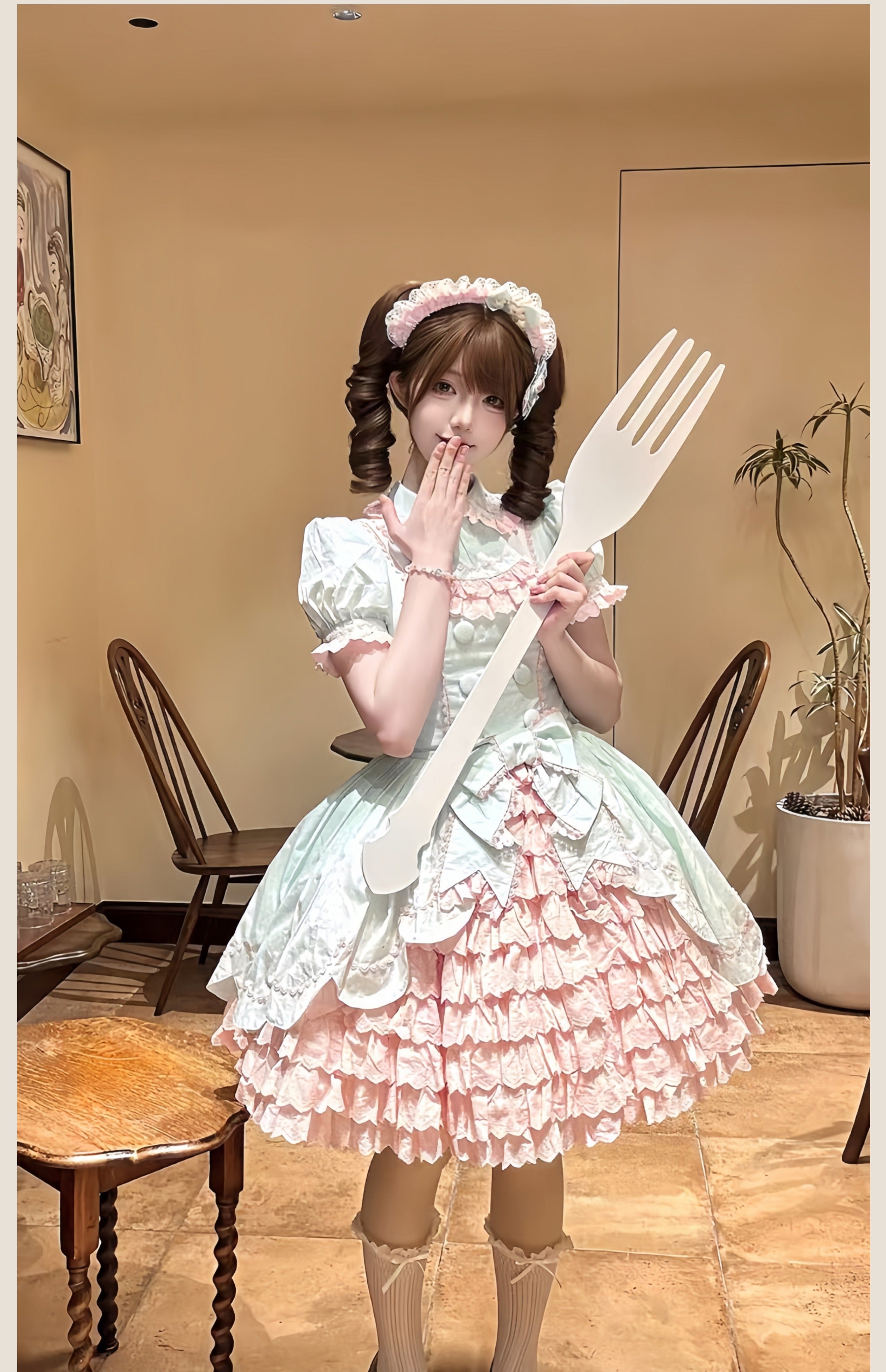 TaTaTa Lolita - Melon Parfait - Old School Lolita OP Suit Pink-Green Sweet Dress