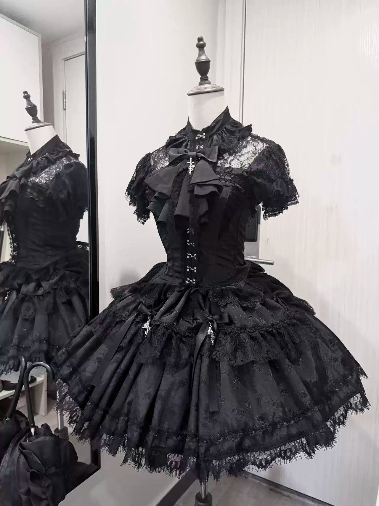 Silvermoon Thorn - Gothic Lolita Fishbone Corset & Skirt Set, Cross Details Corset + Skirt + Jabot + Lace Shirt S