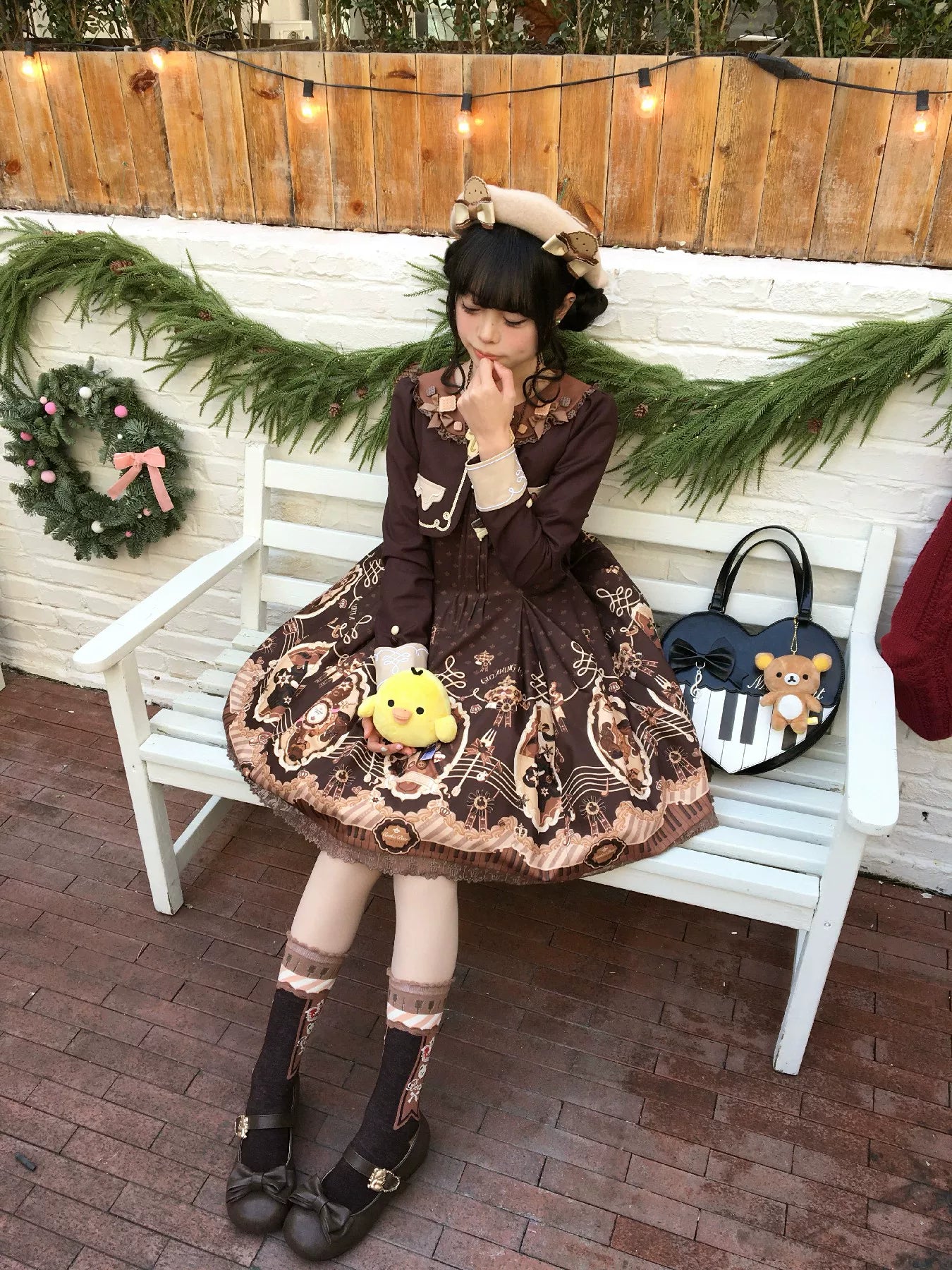 Cream Bear - Print Kawaii Lolita Fake Two-Piece OP, A-lined JSK Dress 44502:811665