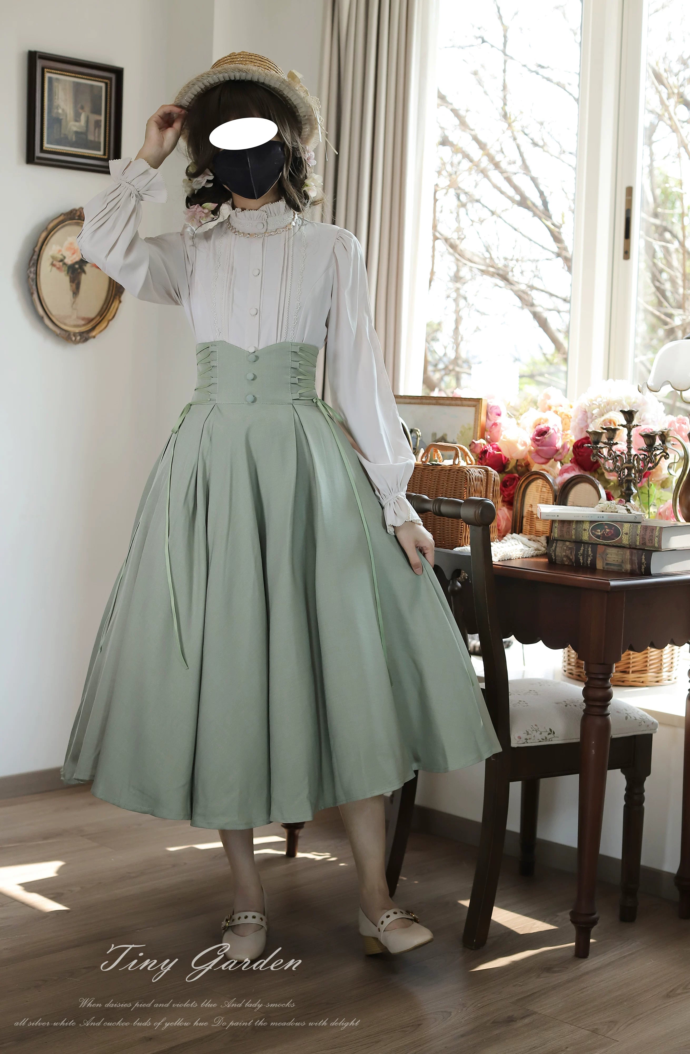 Morning Mist and Letter - Classic Lolita A-Line Skirt, High-Waist Fit Gray-Green SK Only S