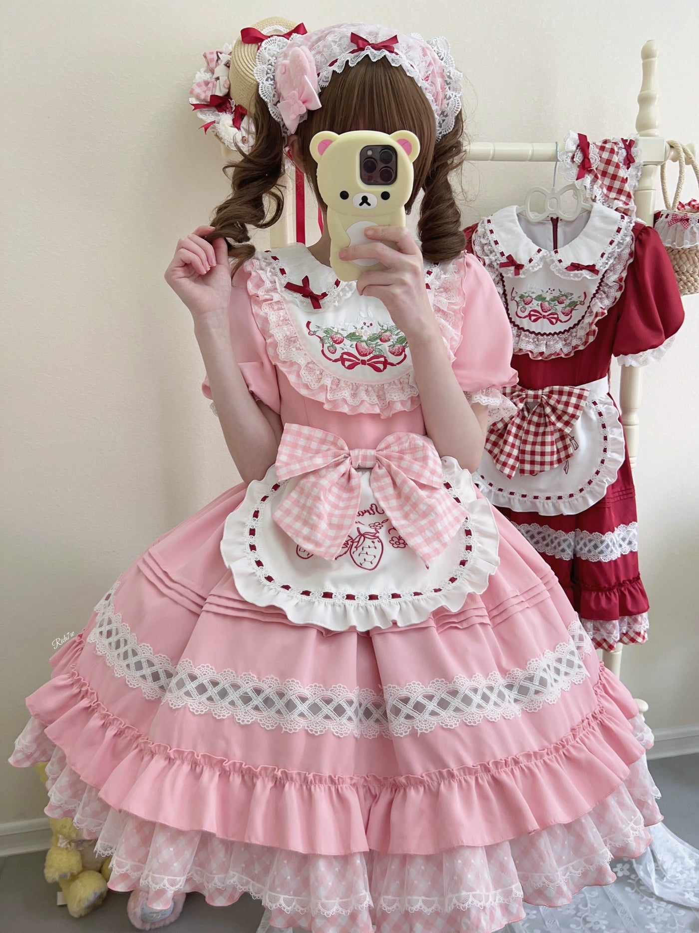 Sugar Girl~Strawberry Tea~Sweet Red Lolita OP Dress Short Sleeve Apron Dress   