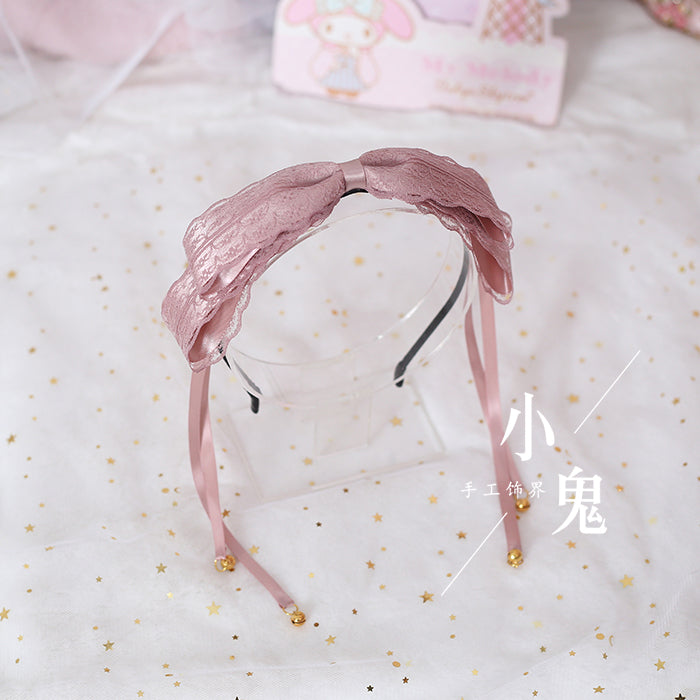 Xiaogui - Kawaii Lolita Bell KC Lace Bow Hair Accessory bean paste pink lace bell-tassel headband