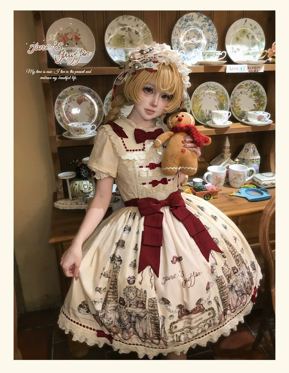 Pancake Postman - Kawaii Lolita Printed OP & Salopette Dress, Lace & Bows 45174:838641
