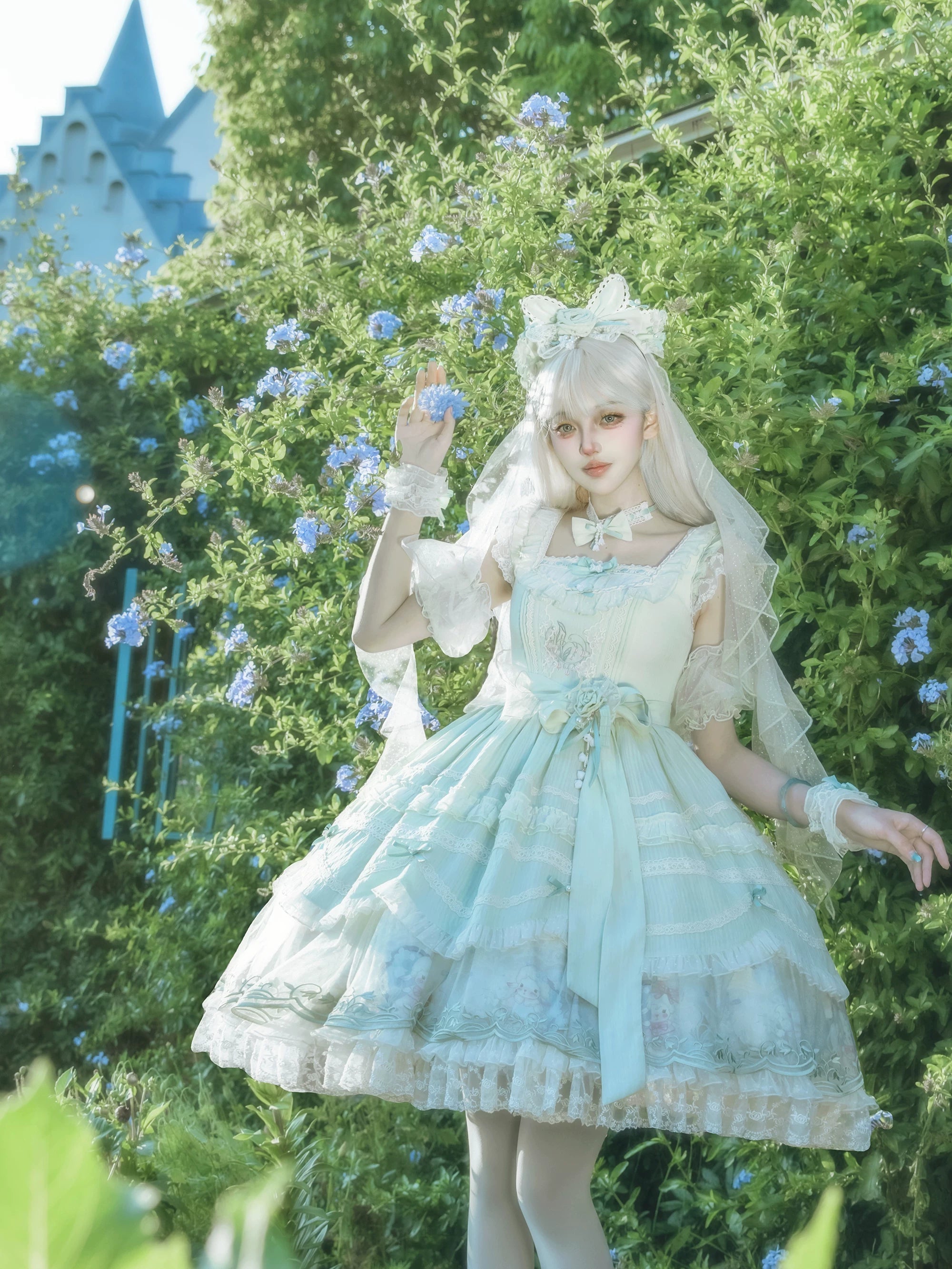 Lily of the Valley Lamb - Classic Lolita Tiered Hem JSK Dress with Embroidery 45277:852086