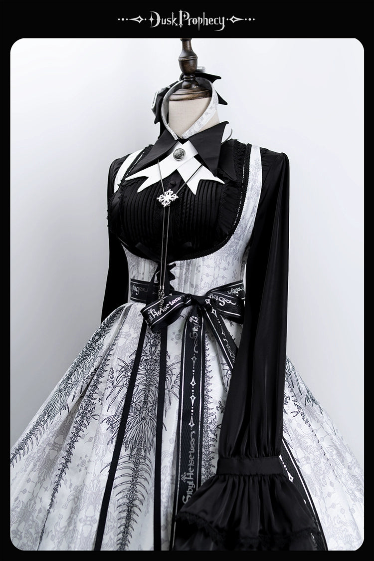 DuskProphecy - Coccyx - Elegant Lolita Dress High Waist Fishbone Print JSK Set 34722:466636