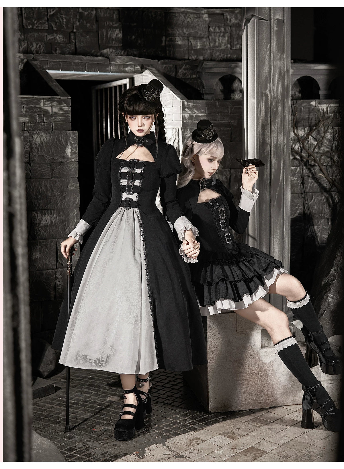 Klein - Black and White Gothic Lolita OP Dress Set, Metal D-rings 45996:871463