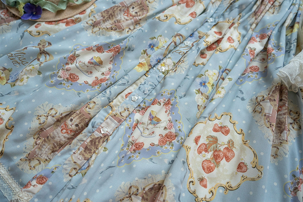 Miss Point - Cat Rose Tea - Sweet Lolita Skirt with Cute Prints Customized Size Blue S