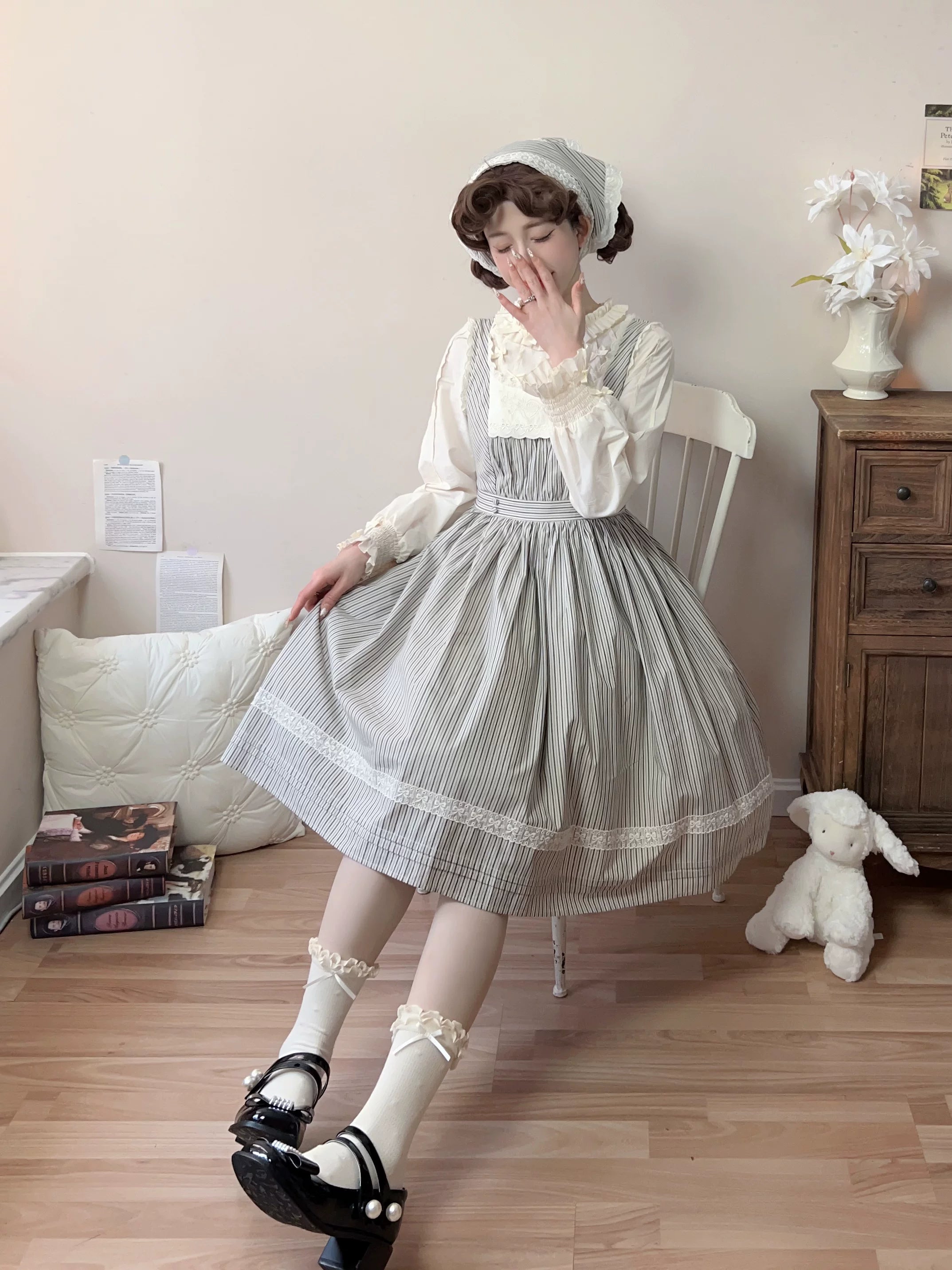 Stripe Minuet - Classic Lolita Striped JSK Dress, Embroidered Neckline 45317:845340
