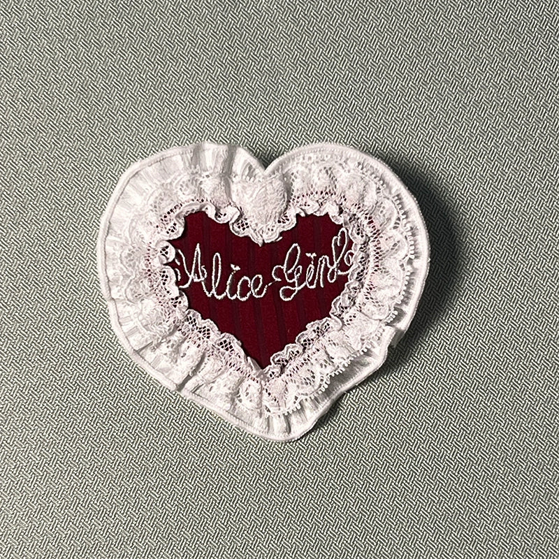 Alice Girl - Arrogant Miss - Heart-Shaped Lolita Brooch with Lace and Embroidery Wine Red