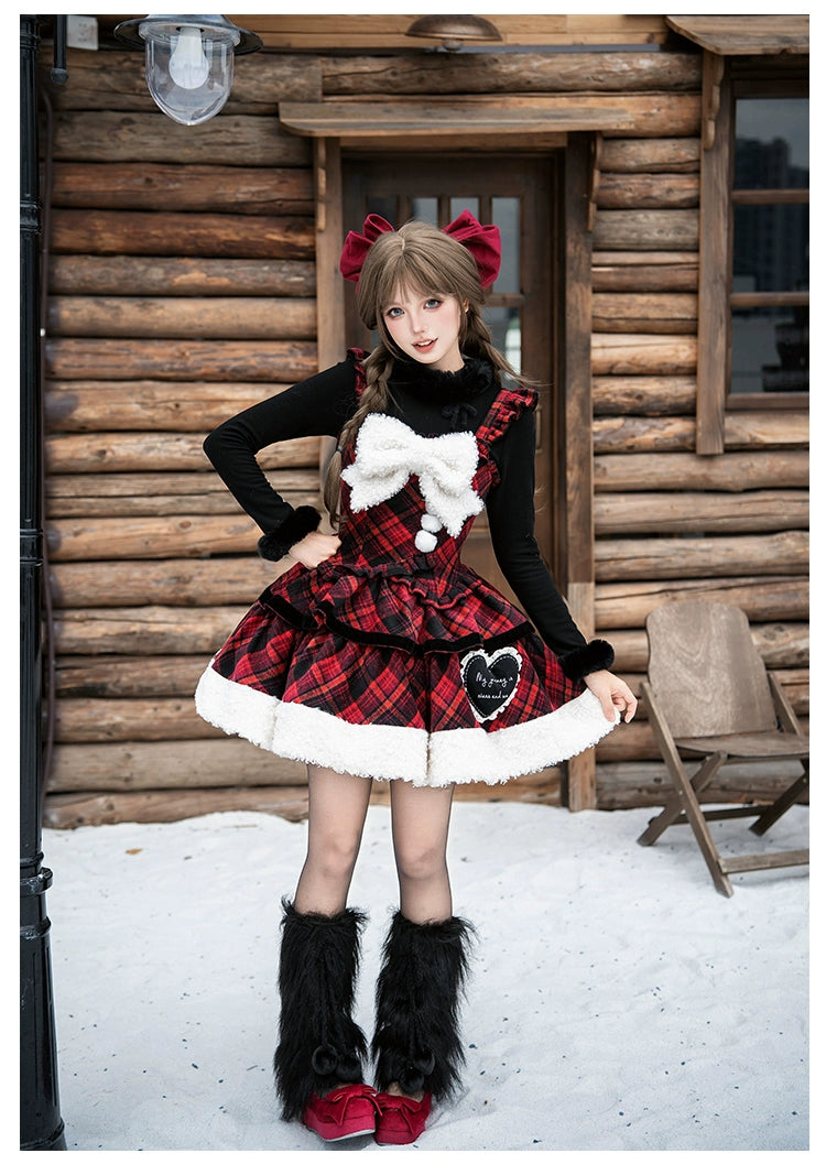 With PUJI - Snow Night Serenade - Fluffy Plaid Kawaii Lolita JSK, Reversible Cape 44279:802363