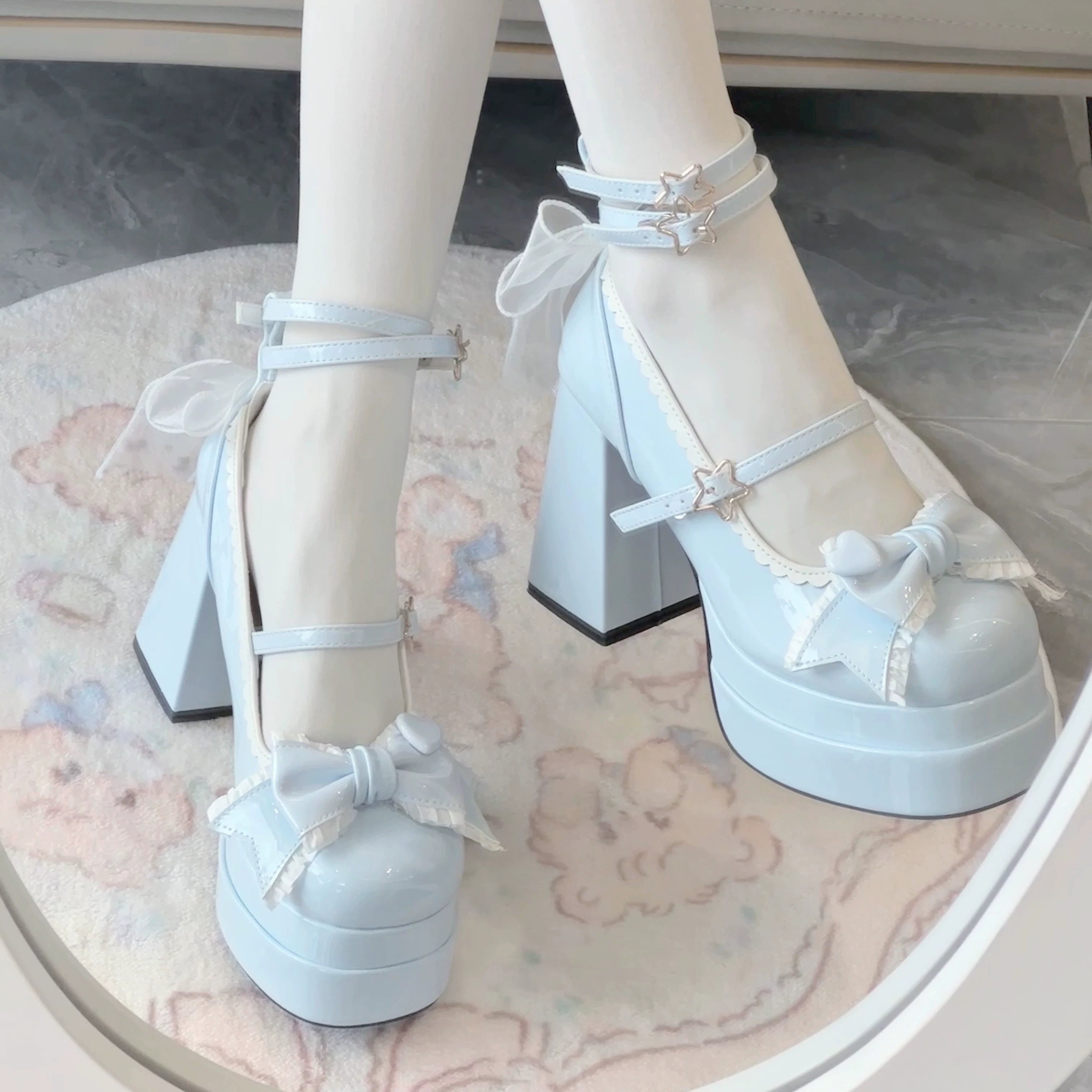 Puff Party - Elegant Lolita Chunky Heel Shoes, Bow & Straps