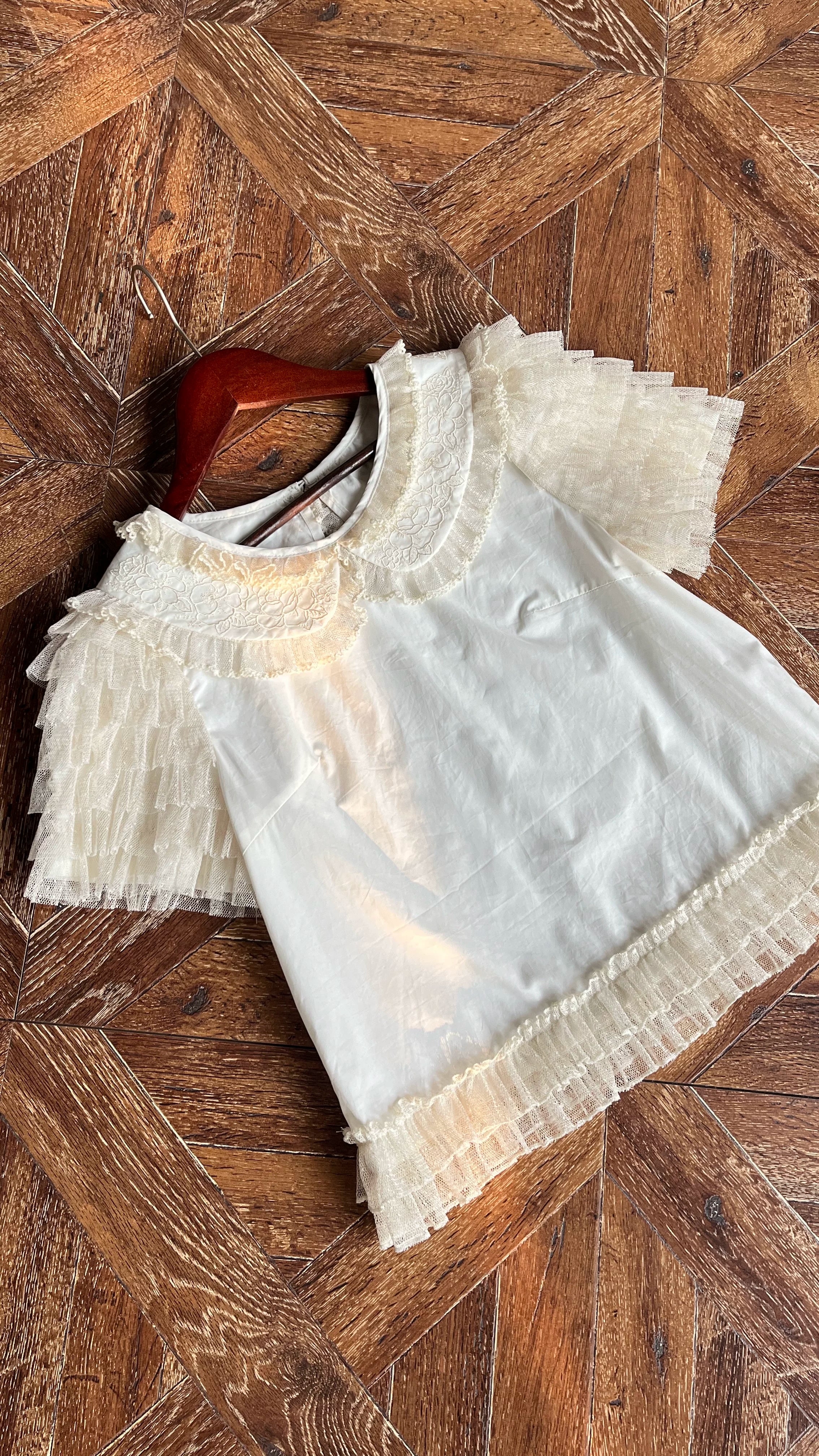 Flower Rabbit Bear - Country Lolita Tiered Skirt Dress, Floral & Bear Print Short Sleeve Blouse Only S