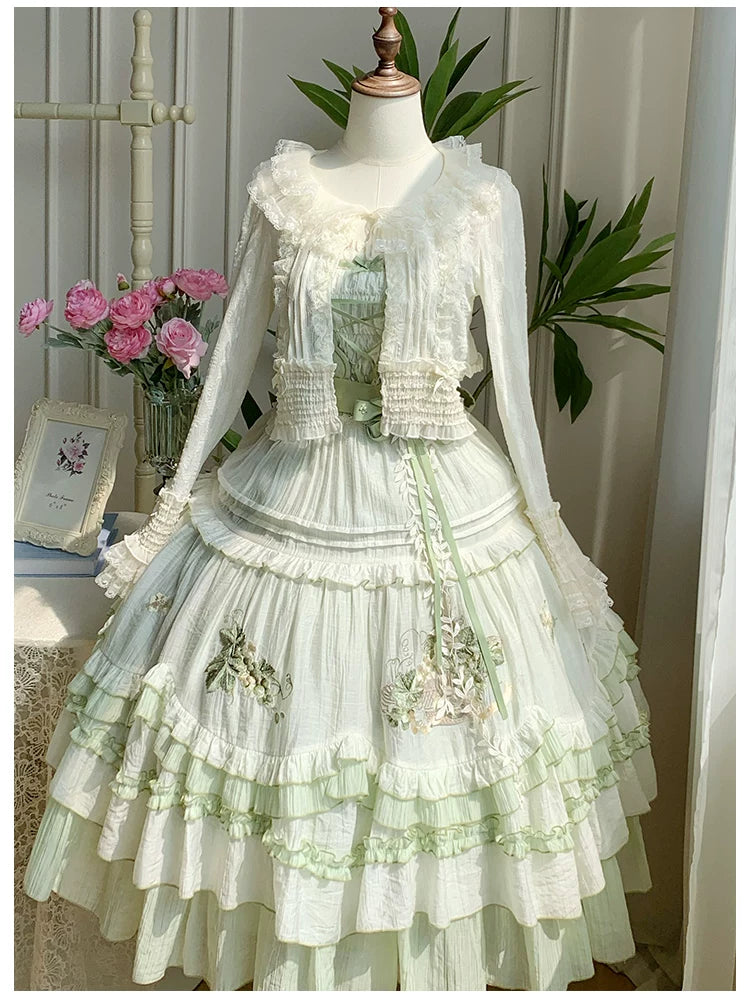 Green Grape - Embroidered Country Lolita OP Dress, Tiered JSK 44986:831125