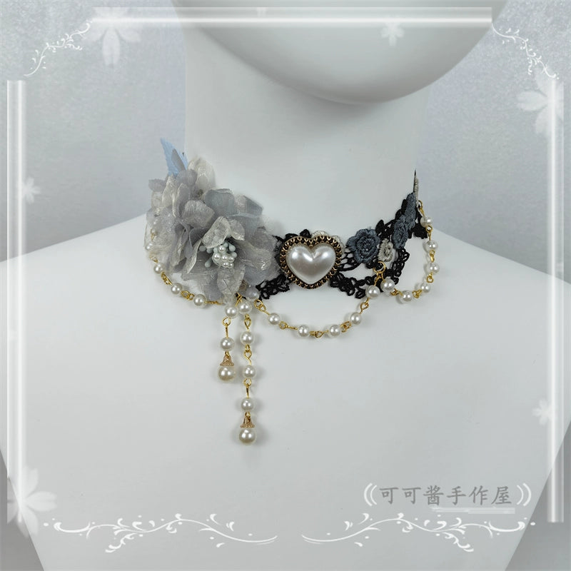 Cocoa Jam - Elegant Lolita Necklace Rose Gemstones and Pearl Necklace black grey blue