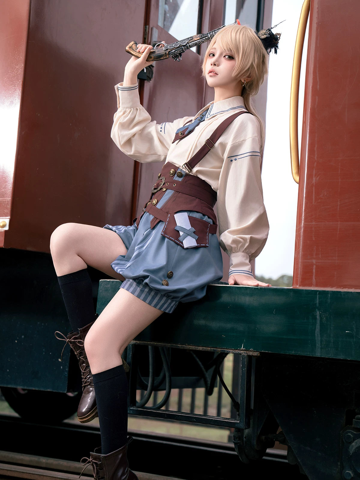 Poem of Wind & Compass - Ouji Lolita Blouse & Faux-Suspender Bloom Shorts Set 45919:868252