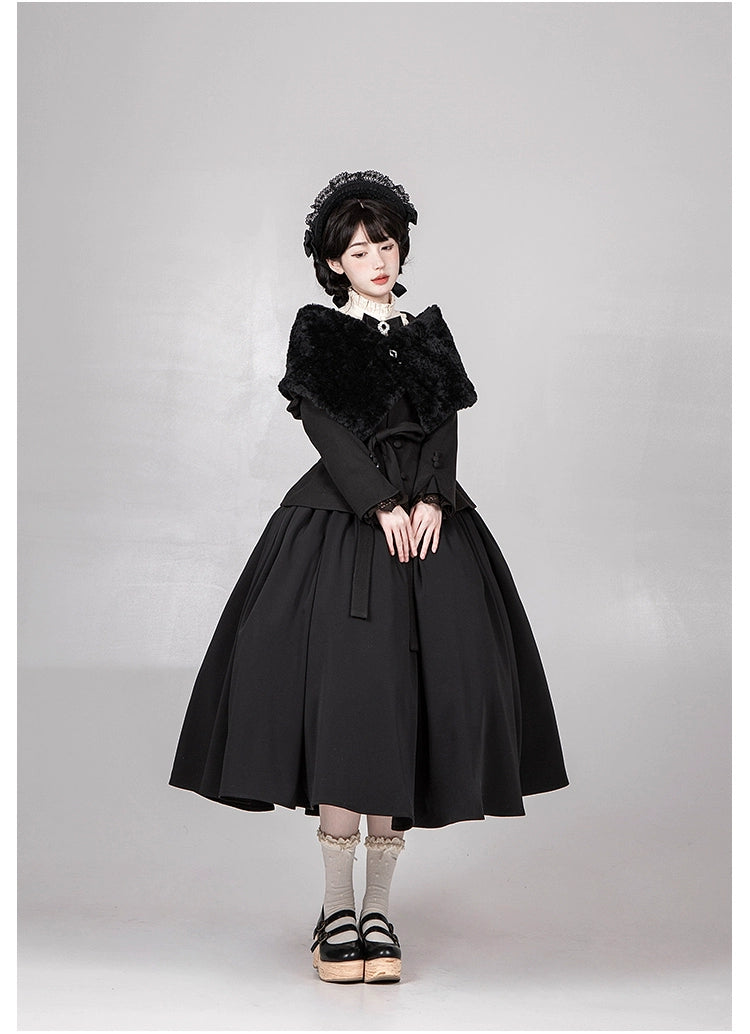With PUJI - Old Testament - Classic Lolita Coat Black Plush Lolita Cape and Brooch