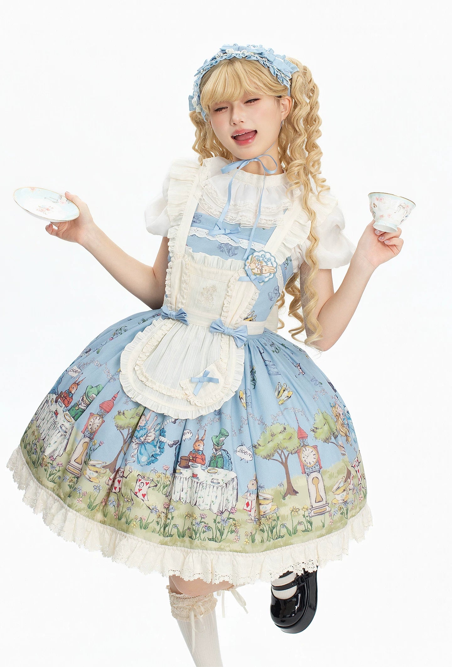 Alice - Sweet Lolita Cotton Lining Dress, Bunny & Clock Print