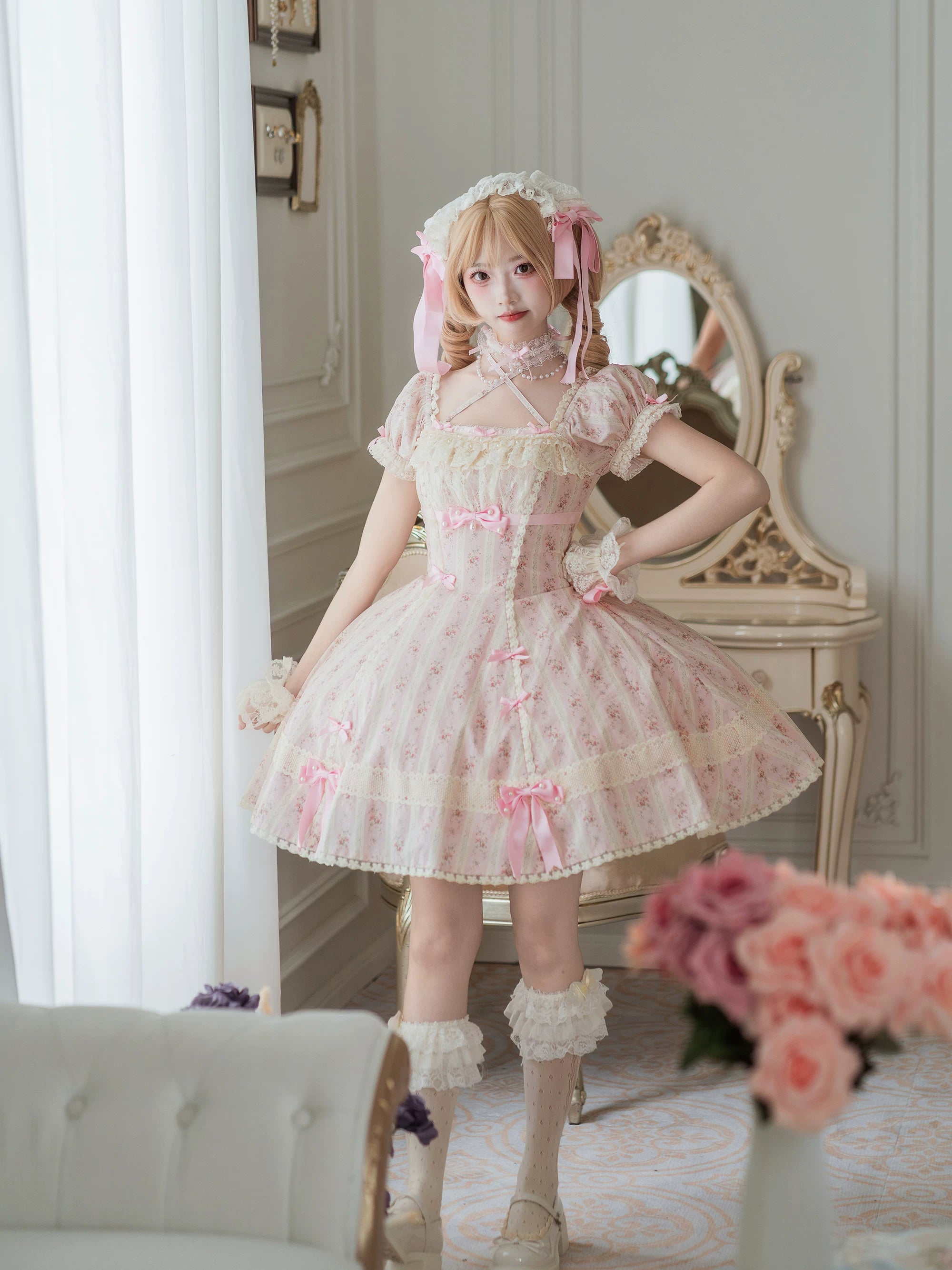 Garden Encounter of Three Springs - Cotton Old School Lolita Floral Print OP, Lace Back Opening 45674:858611