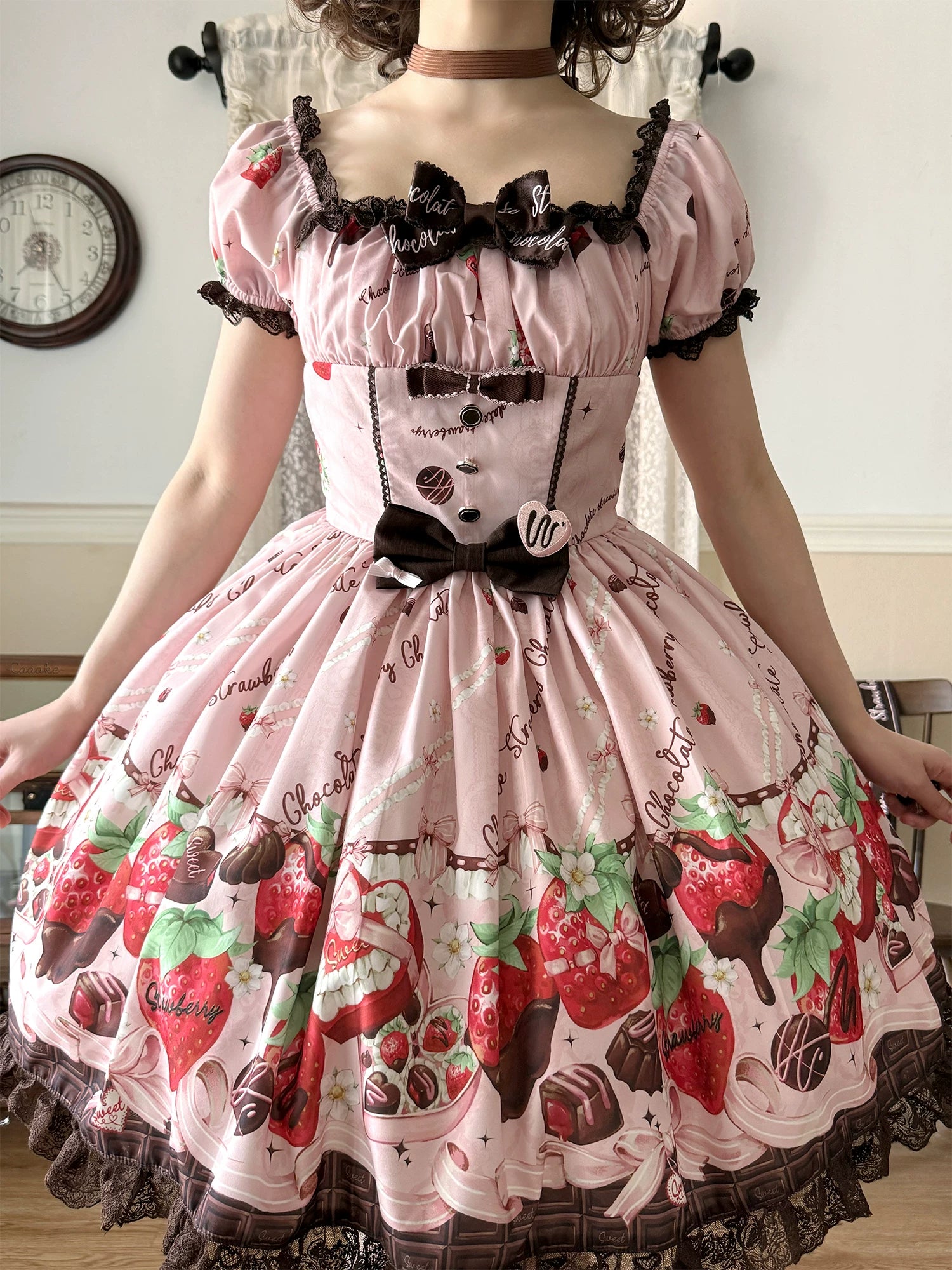 Strawberry Chocolate Lovers - Kawaii Lolita Embroidered Dress, Strawberry & Chocolate Print