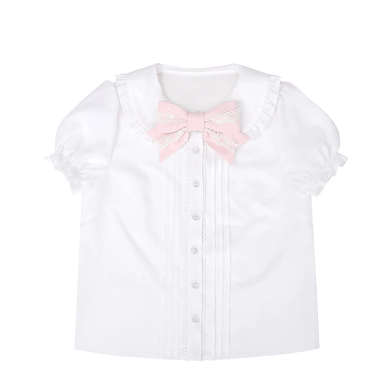 To Alice - Old School Lolita Salopette Suit Tiered Dress White shirt with pink bow S