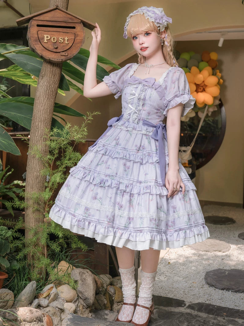 Purple Blossom Romance - Chiffon Classic Lolita OP Dress, Floral Print