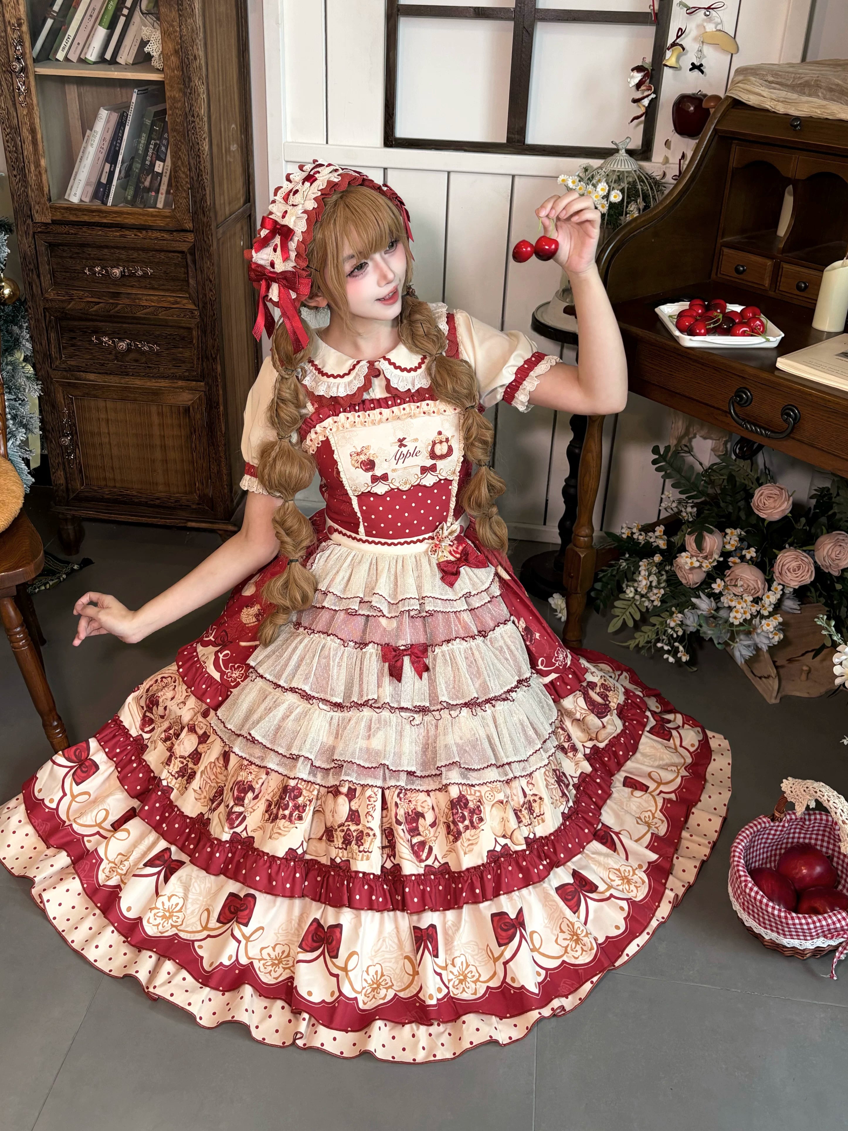 A Red Apple - Sweet Lolita JSK Dress, Tiered Hem Apron