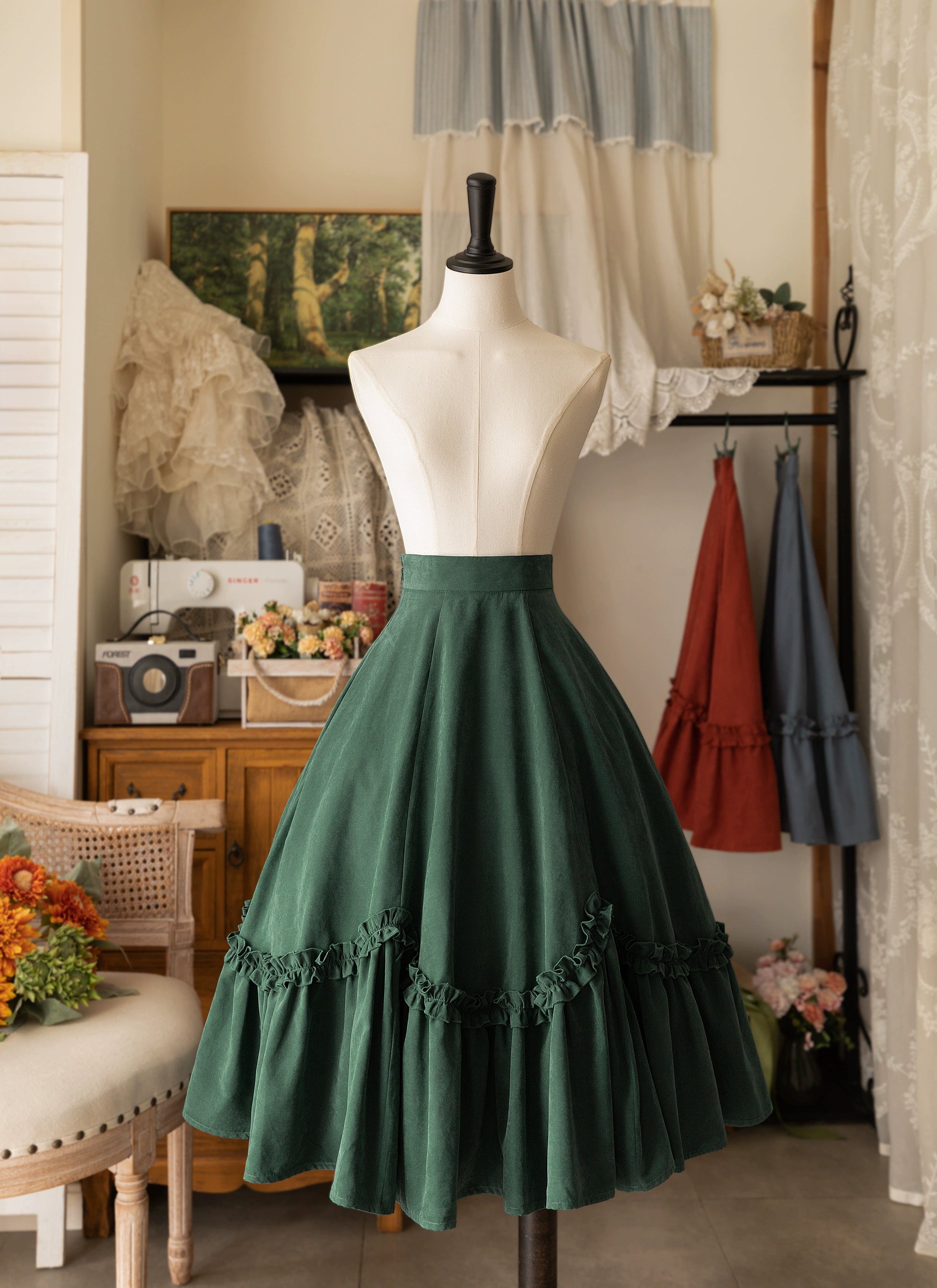 Forest Wardrobe - Forest Basket - Elegant Lolita Skirt Retro Classic Petal Swing Skirt S Dark green In stock