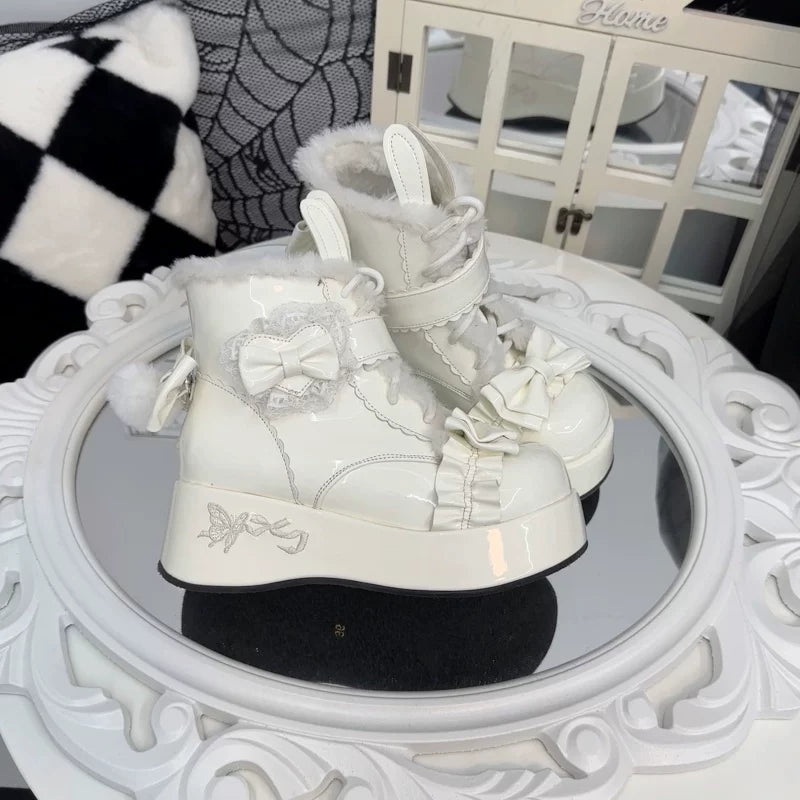 Bunny Tail - Fuzzy Kawaii Lolita Snow Boots, Detachable Plush Bow (34 35 36 37 38 39 40 41) 44447:808613