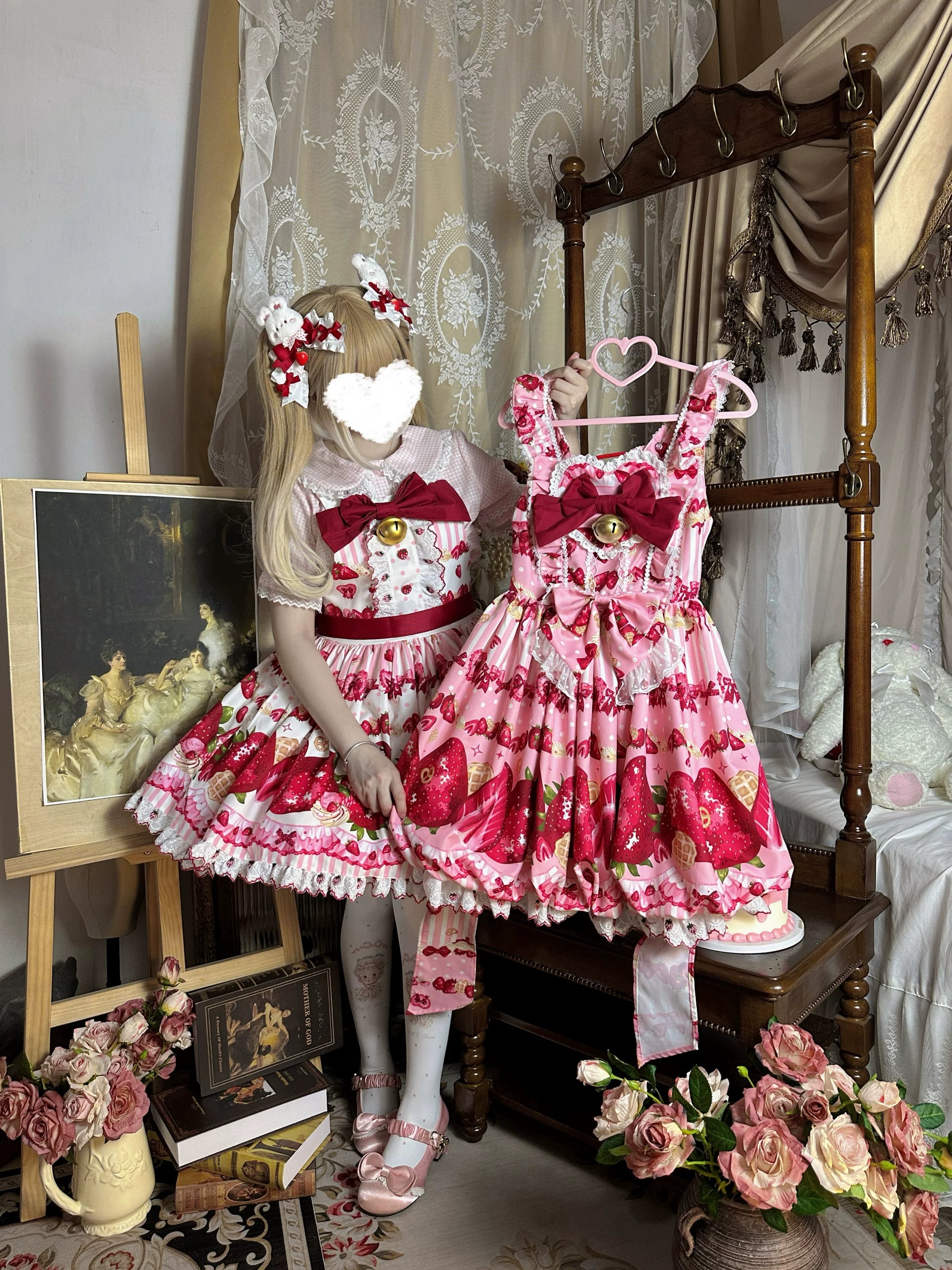 Strawberry Sweetheart Cake - Sweet Lolita Salopette & JSK, Strawberry Print Pink - JSK S Single Dress