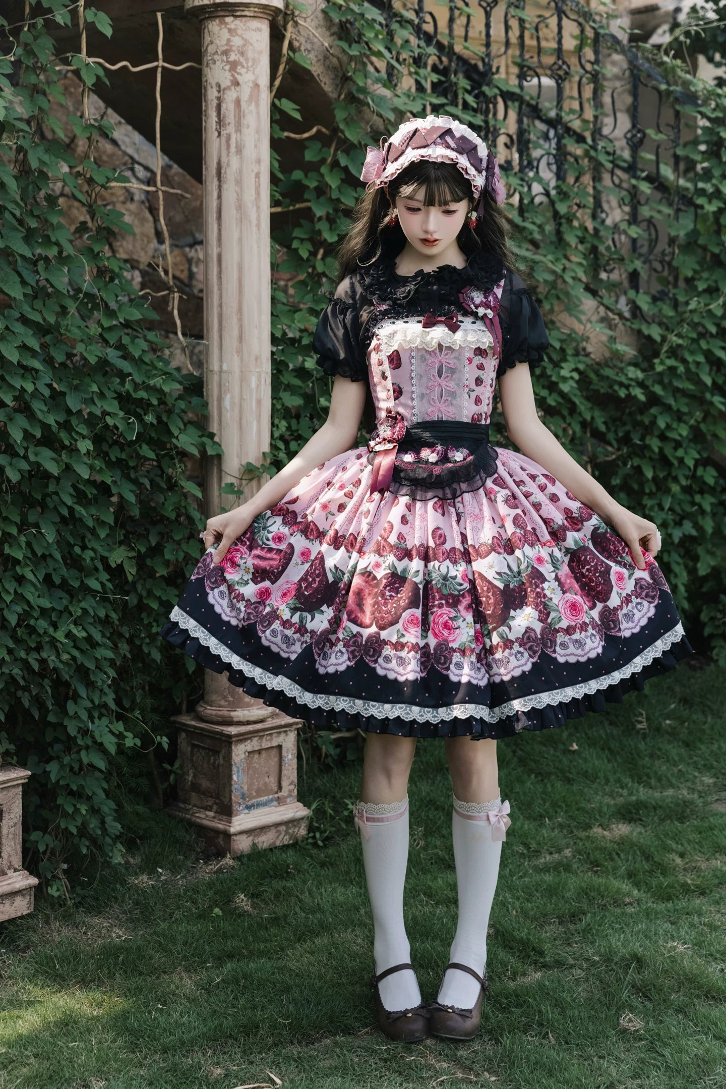 Dark Berry Fairytale - Cotton Sweet Lolita Strawberry Printed OP & JSK Dress 45629:856416