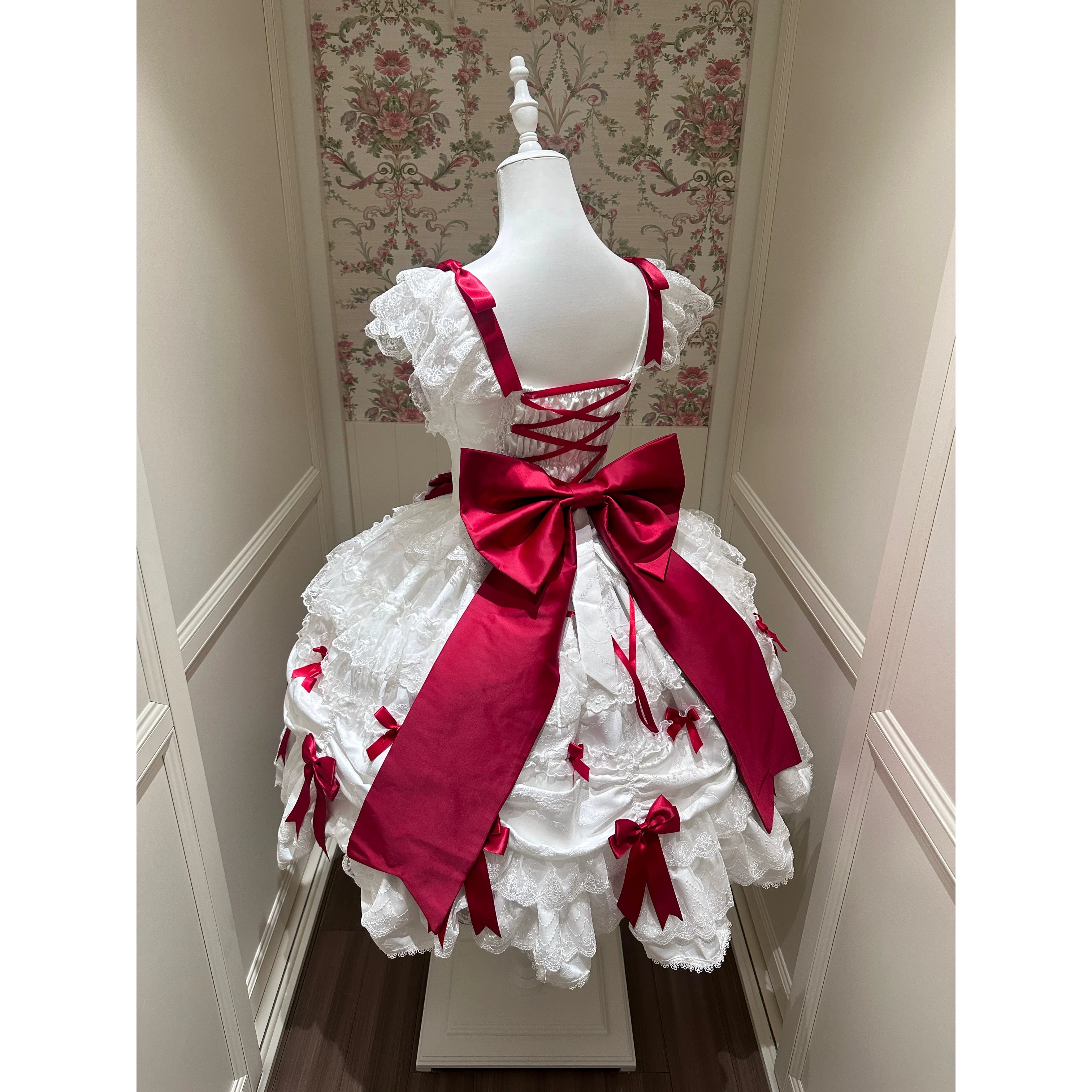 Satin Gift Box - Sweet Lolita JSK Dress, Bows and Layered Lace White-red JSK + Back Trailing Bow S