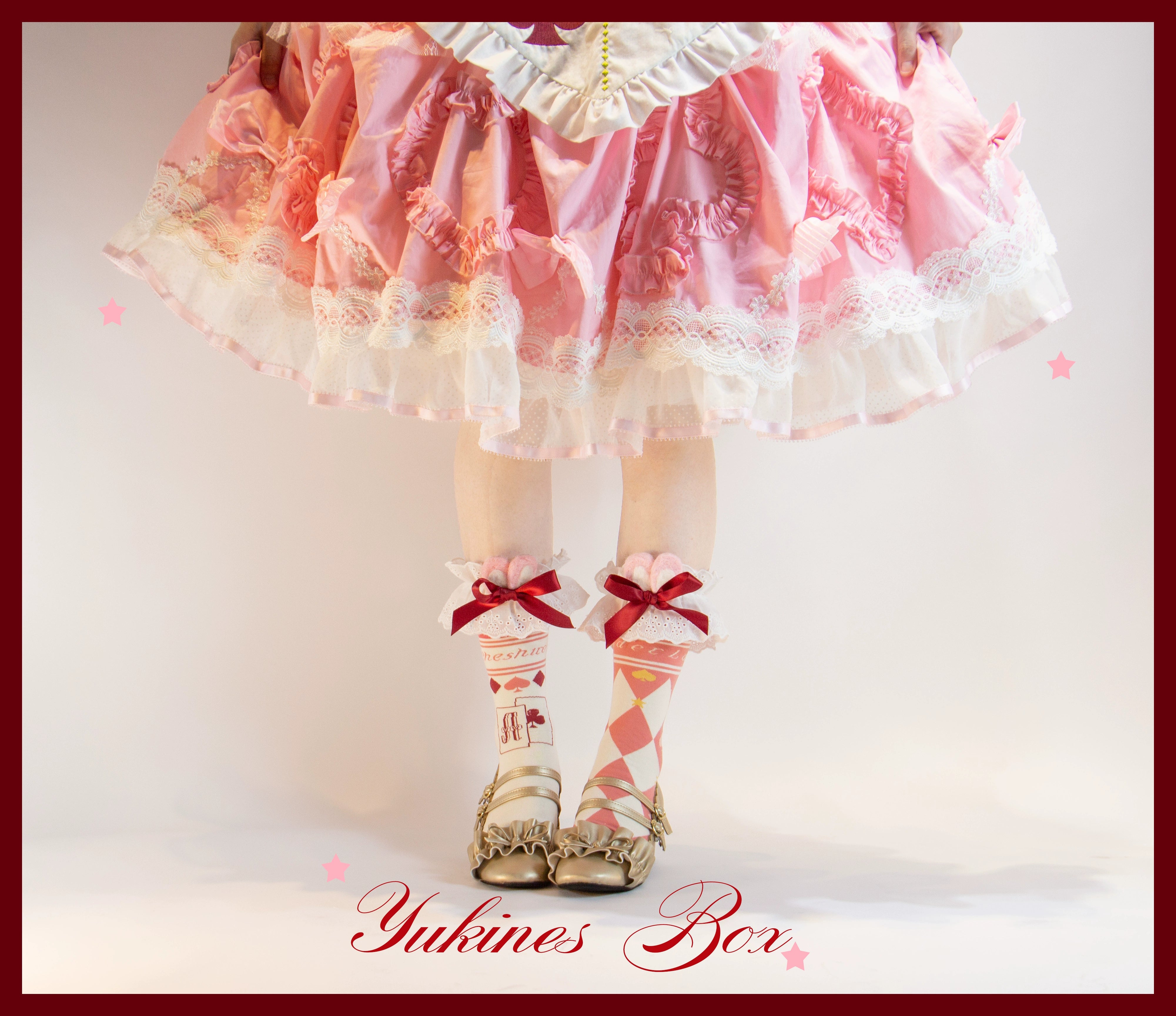 Yukines Box - Daily Lolita Cotton Asymmetric Print Socks short socks pinkish red (asymmetrical print)