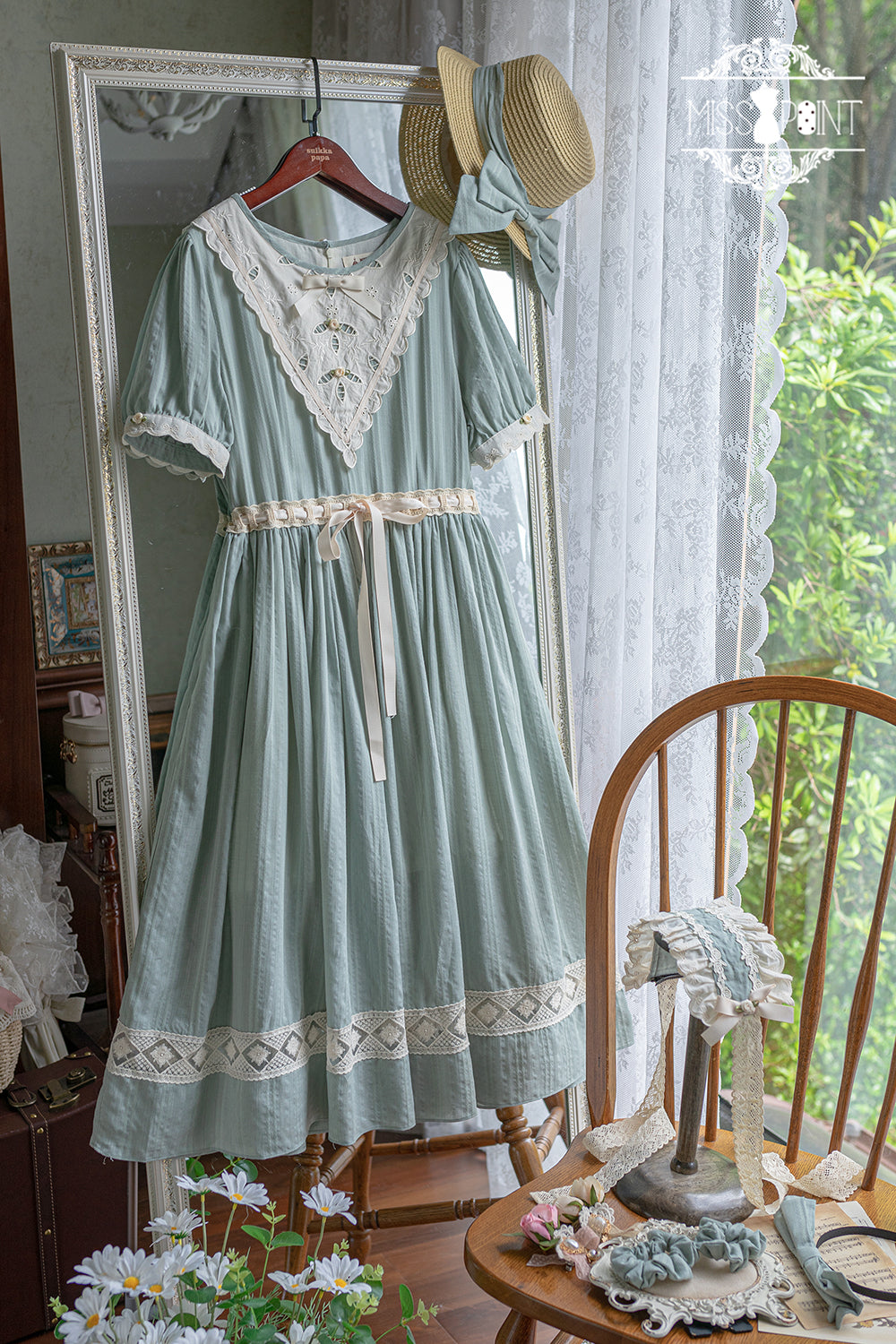 Miss Point - Happy Summer Elegant Lolita Floral OP Dress XS blue-green long OP